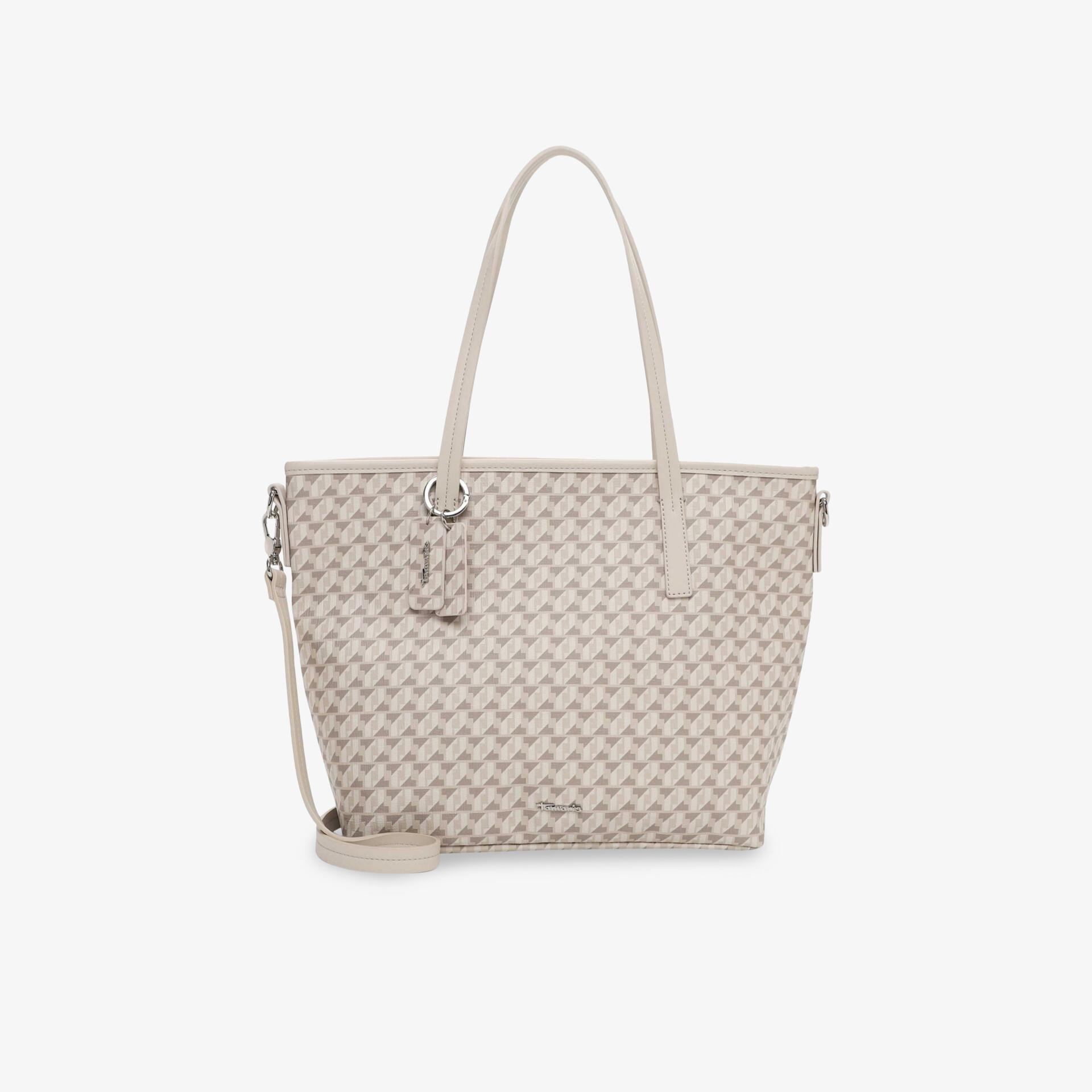 Beige Handtasche mit gewebtem Muster, großem Stauraum, langen Griffen und abnehmbarem Schulterriemen