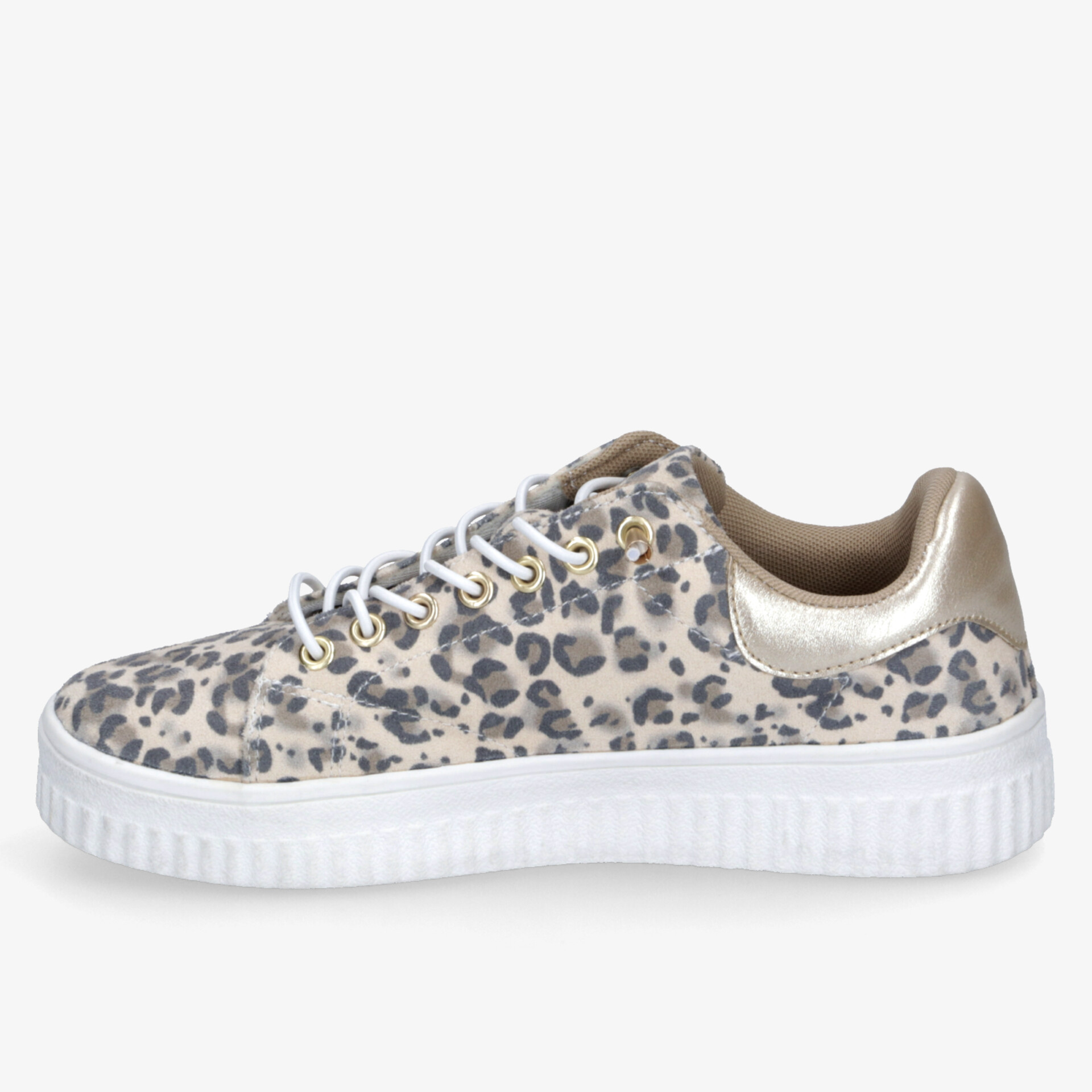 Modischer Sneaker mit Leopardenmuster und goldenen Akzenten, ideal für trendige Outfits.