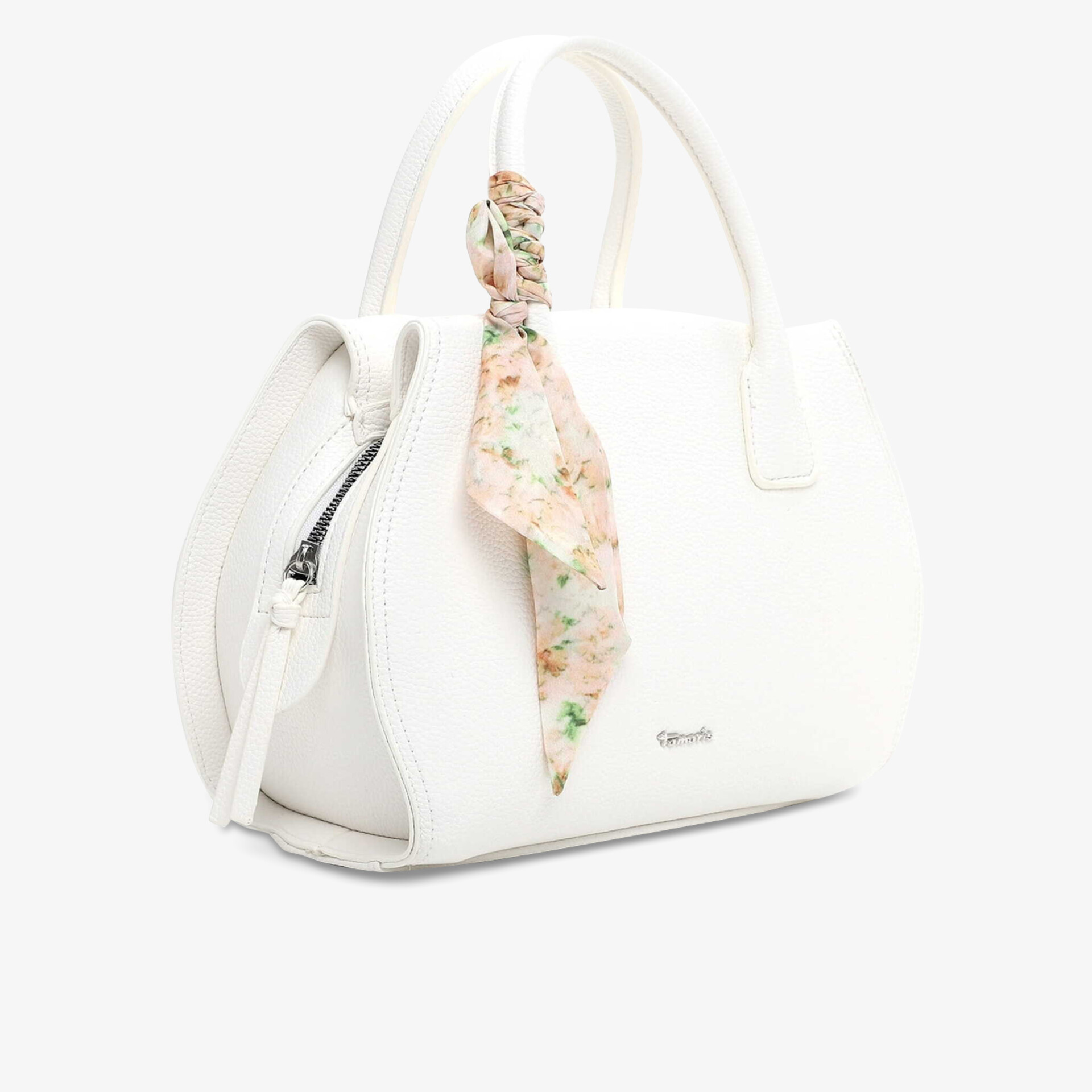 Elegante weiße Tasche mit floral bedrucktem Tuch und praktischen Griffen in kompakter Form