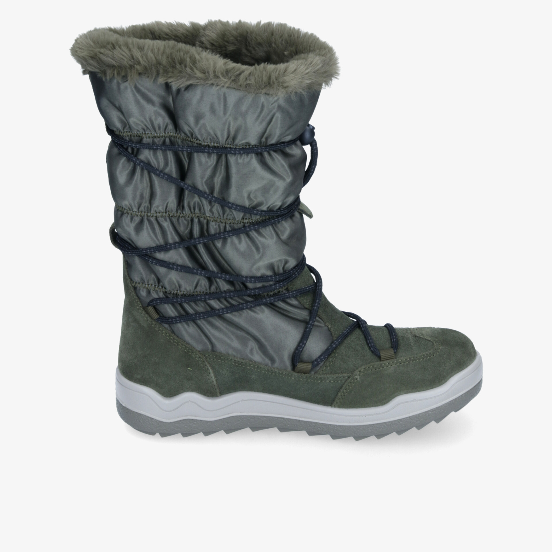 Seitenansicht eines warm gefütterten Winterstiefels mit robuster Schnürung und rutschfester Sohle, ideal für kalte Tage