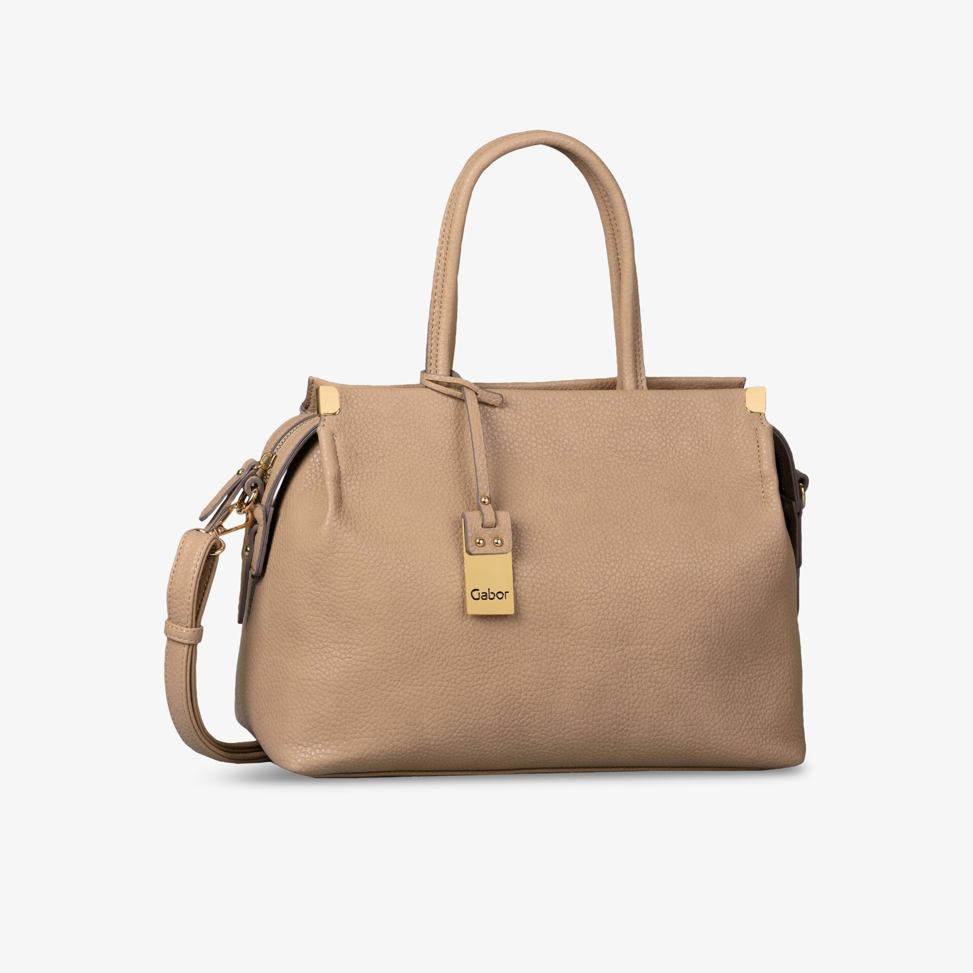 Hochwertige Lederhandtasche in Camel mit abnehmbarem Schulterriemen und goldenen Details, ideal für Alltag und Büro.