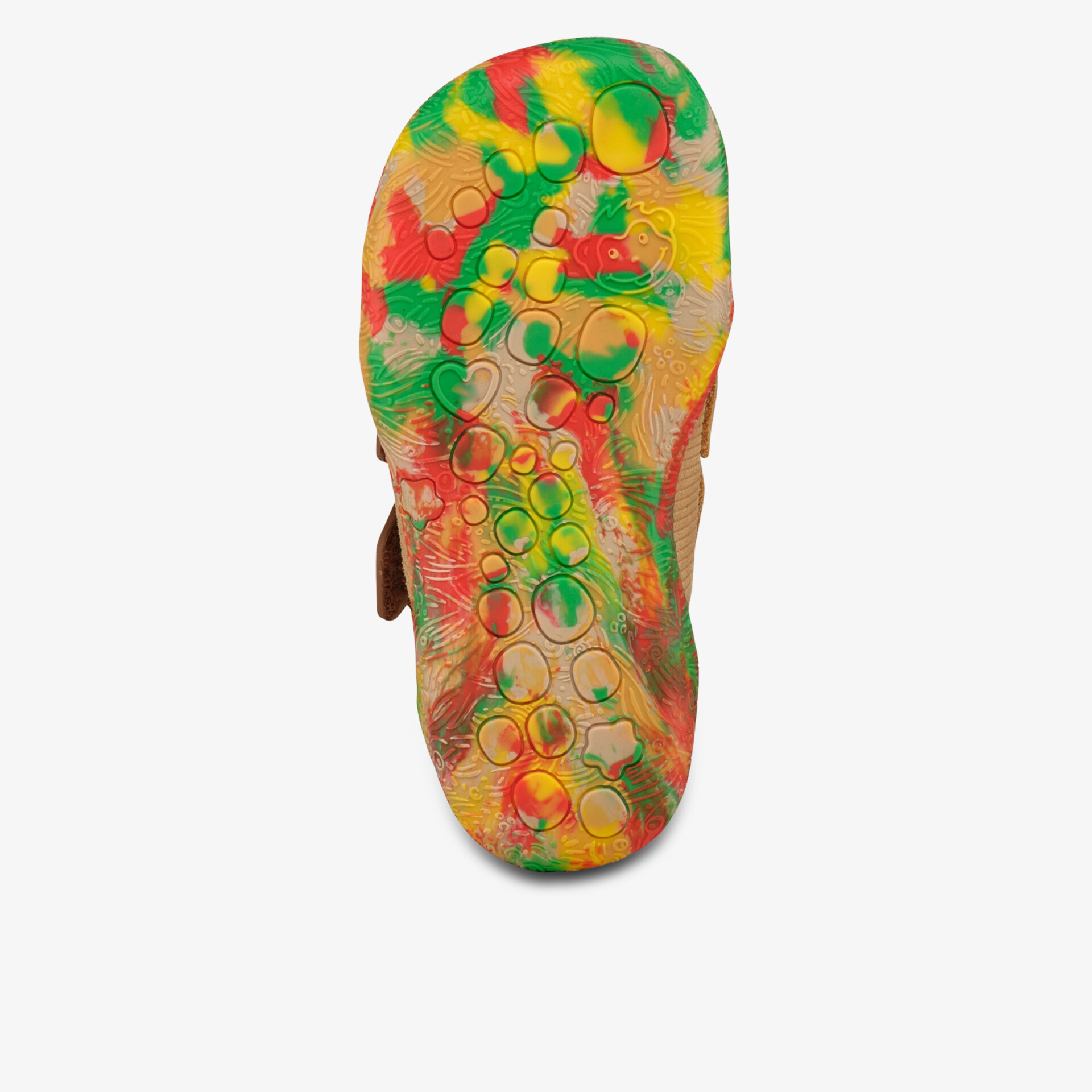 Detailansicht der farbenfrohen rutschfesten Schuhsohle mit robustem Profil