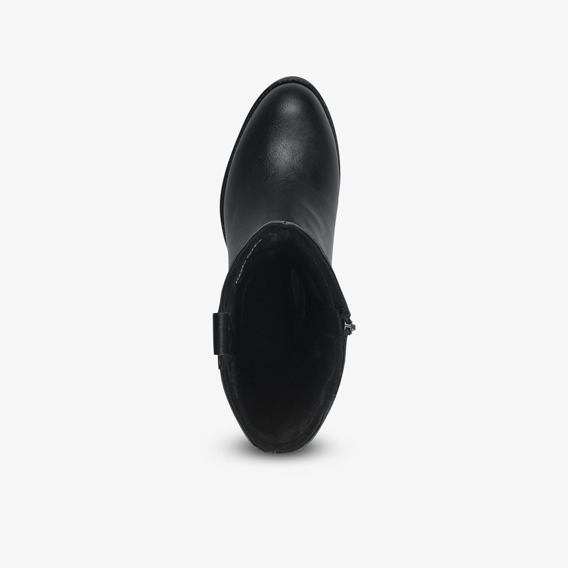 Schwarzer Stiefel mit glattem Material und bequemem Design aus der Draufsicht, eleganter und robuster Schuh