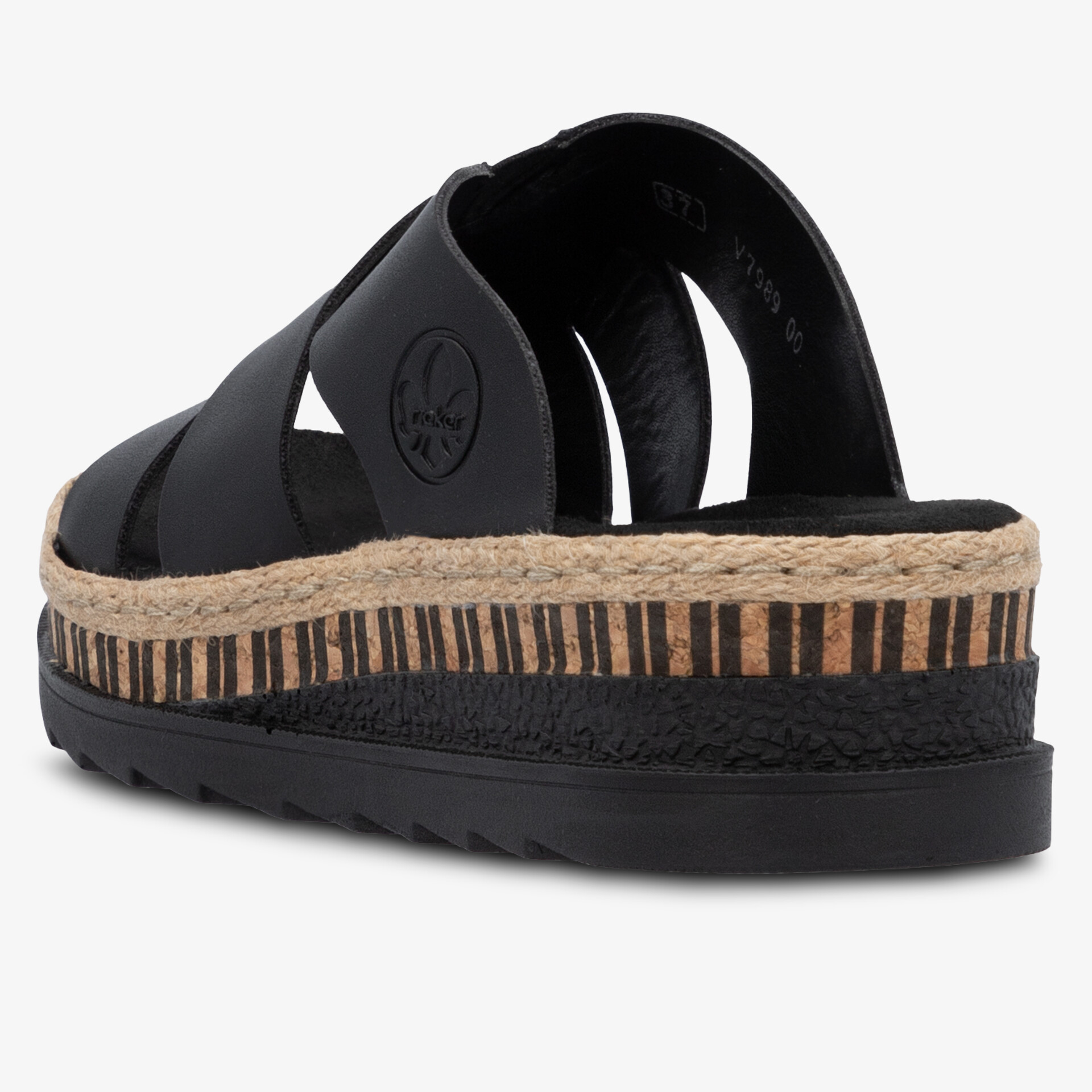 Schwarze Sandale mit geflochtener Plateau-Sohle und gepolstertem Riemen für komfortablen, trendigen Sommerlook