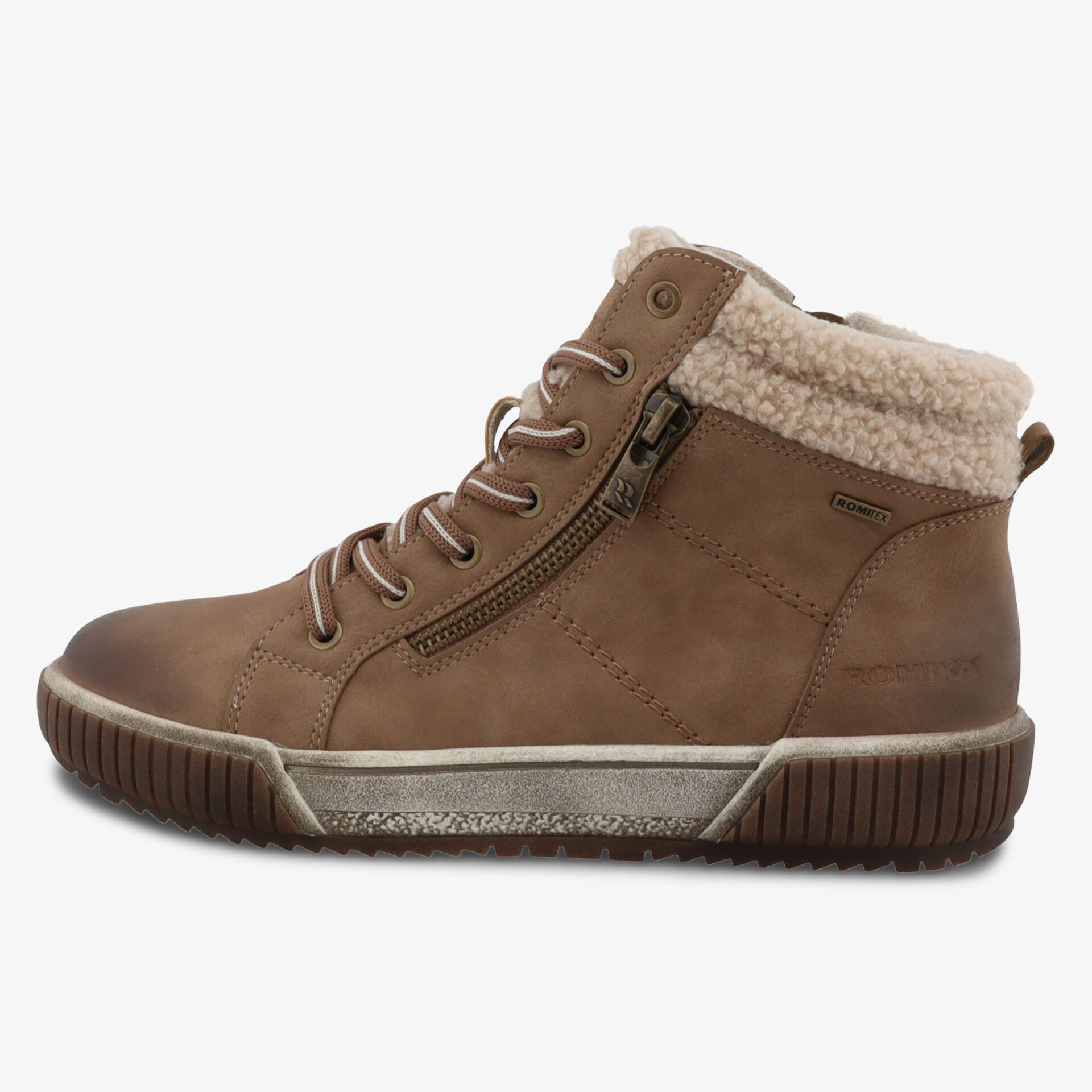 Seitliche Ansicht eines warmen und bequemen Stiefels mit Reißverschluss und rutschfester Sohle