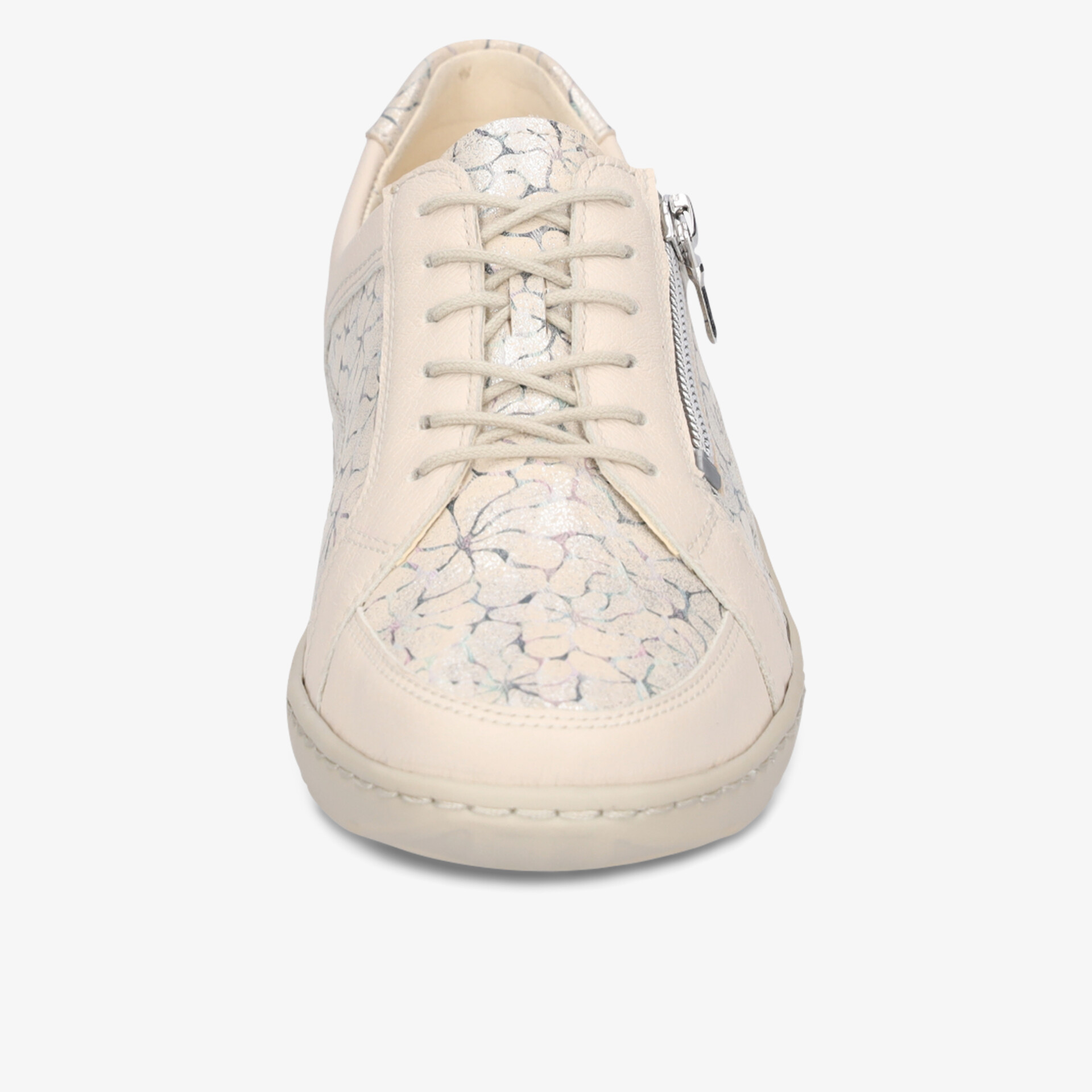 creme-beiger Schuh mit floralem Muster und Reißverschluss, bequeme Schnürung, sportlicher Stil
