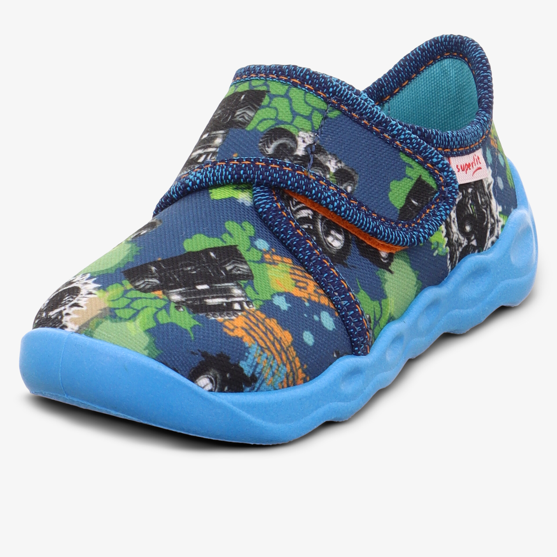 Bequemer Kinderschuh mit flexiblem Klettverschluss, bunter Musterung und rutschfester blauer Sohle