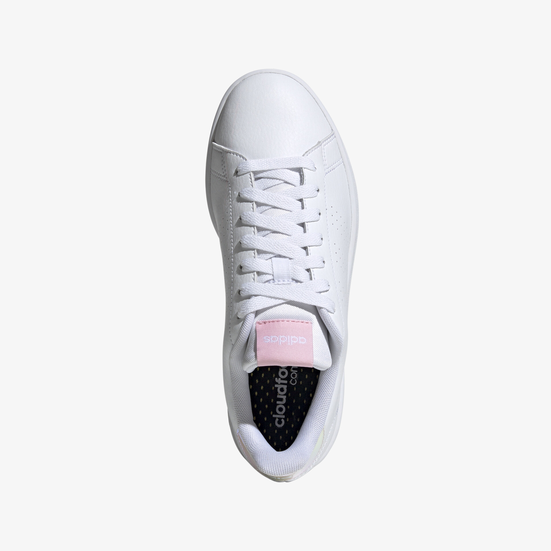 Weißer Sneaker mit klassischem Design und komfortabler Passform aus der Vogelperspektive
