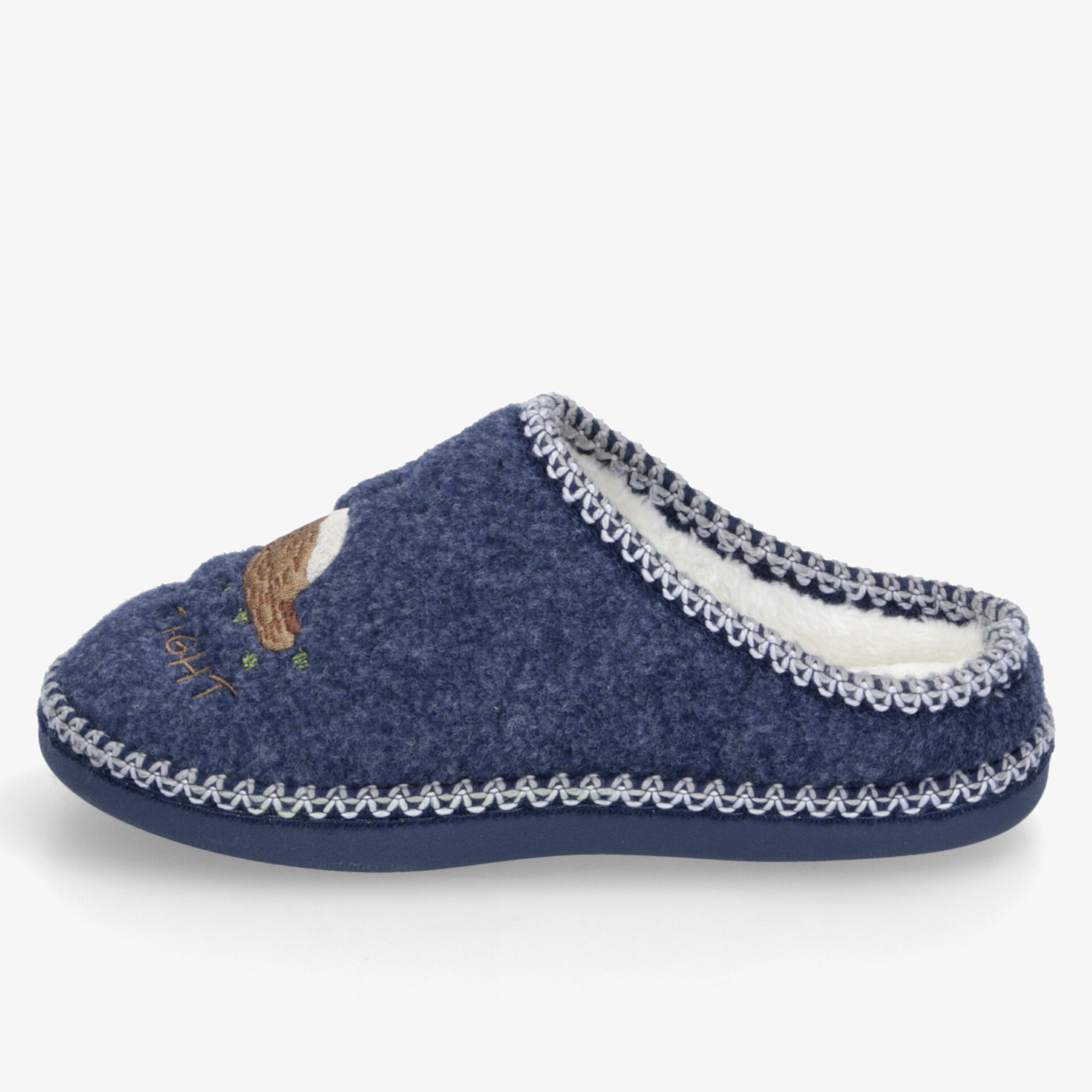 Bequemer blauer Hausschuh aus Filz mit weicher Innensohle und rutschfester Laufsohle, seitliche Ansicht