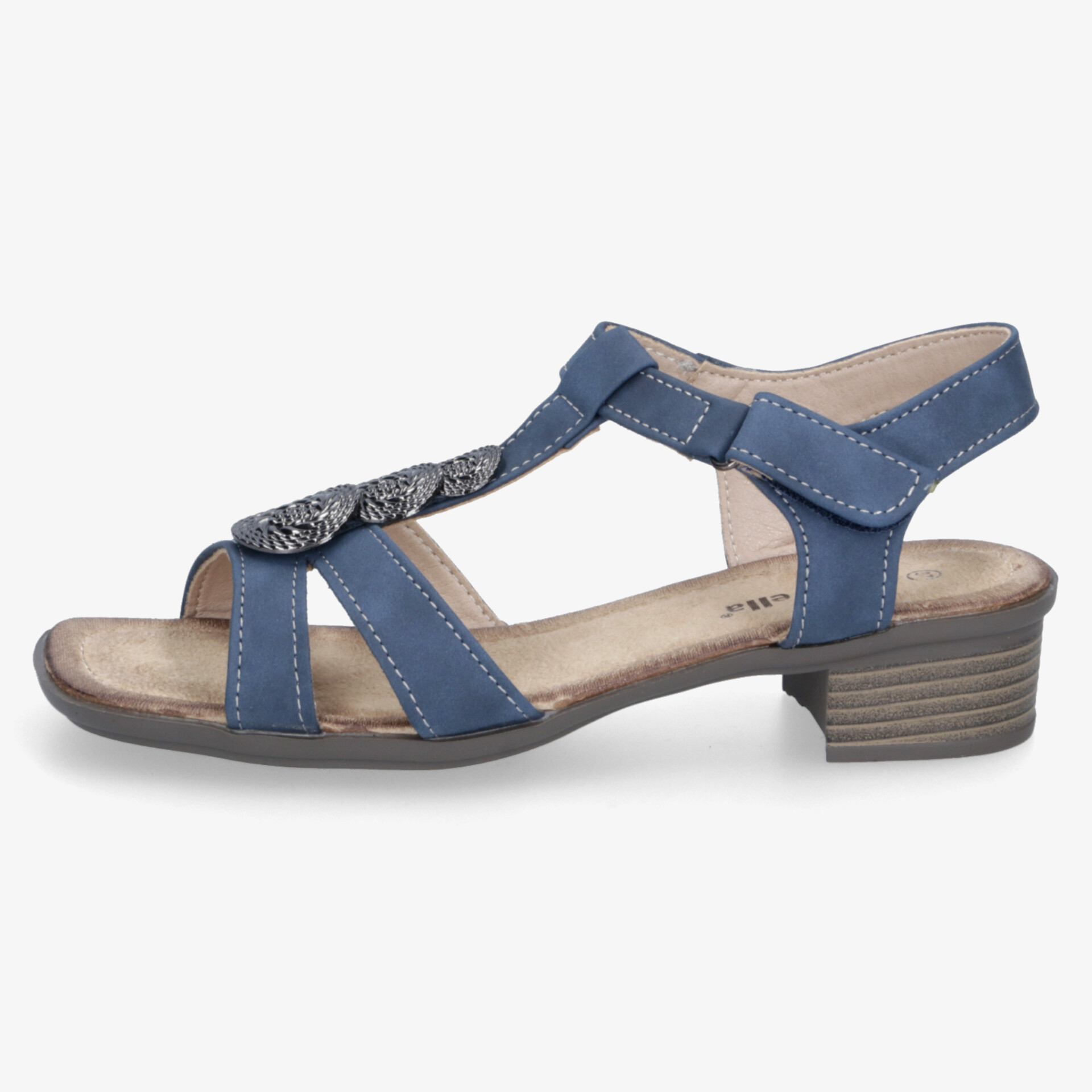 Seitliche Ansicht einer blauen Sandale mit verstellbarem Klettverschluss und bequemem, niedrigem Absatz