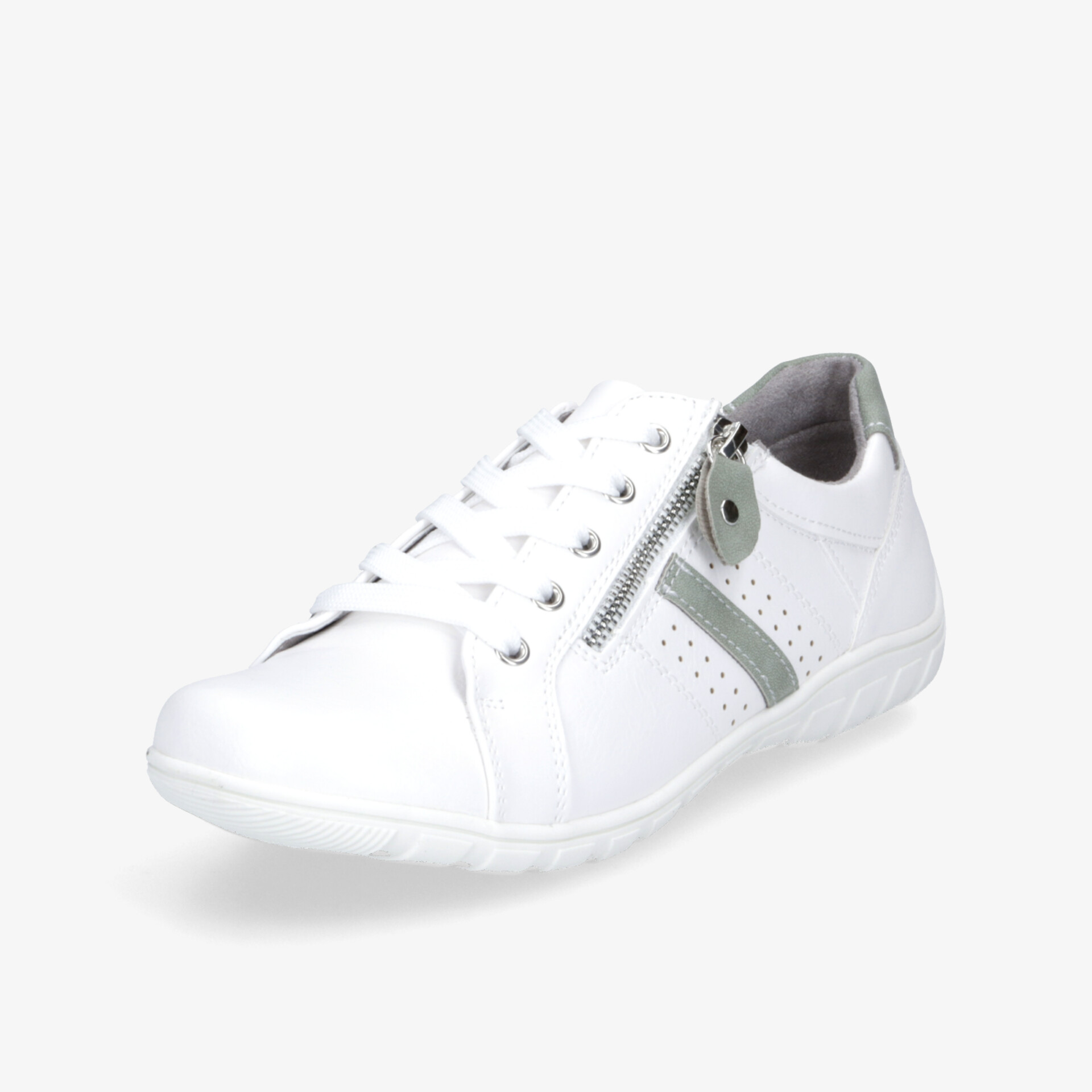 Moderner weißer Schuh mit Reißverschluss und Schnürung, sportlich und bequem, flexible Sohle für optimalen Tragekomfort