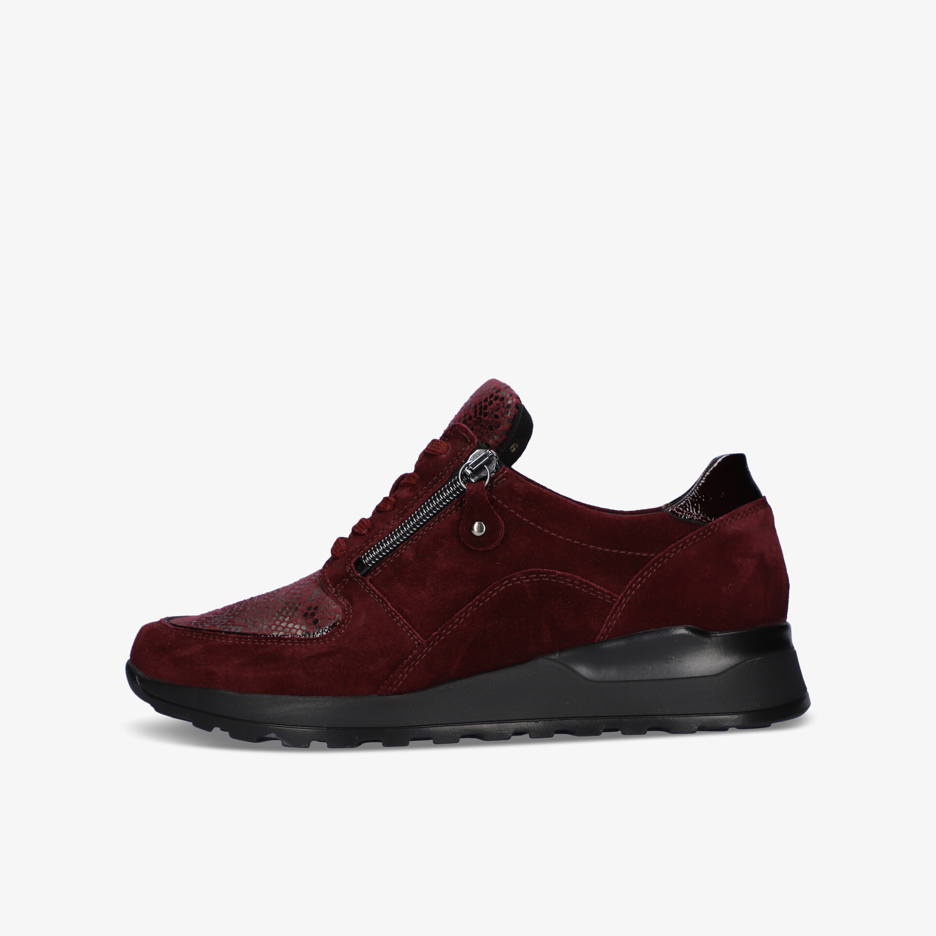 Elegante burgunderrote Sneakers mit einem seitlichen Reißverschluss für Stil und Komfort im Alltag.