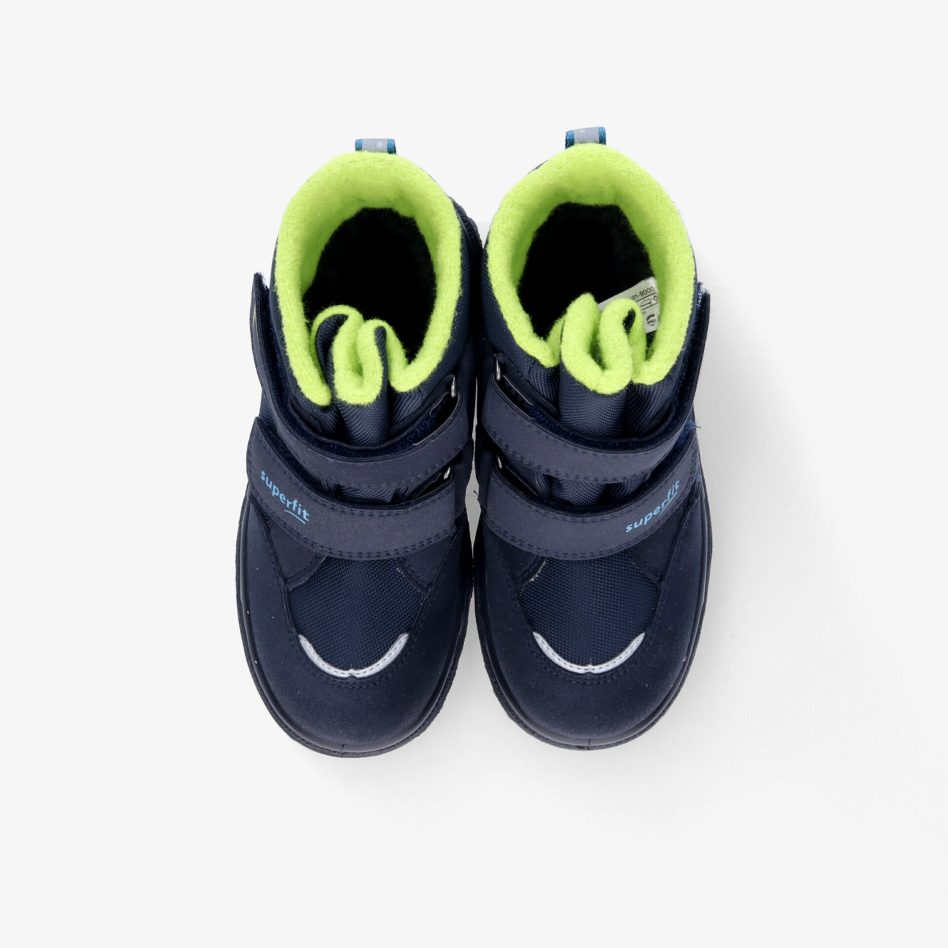 Bequeme blaue Sportschuhe mit neonfarbenem Innenfutter, gepolstertem Verschluss und flexibler, rutschfester Sohle im Paar