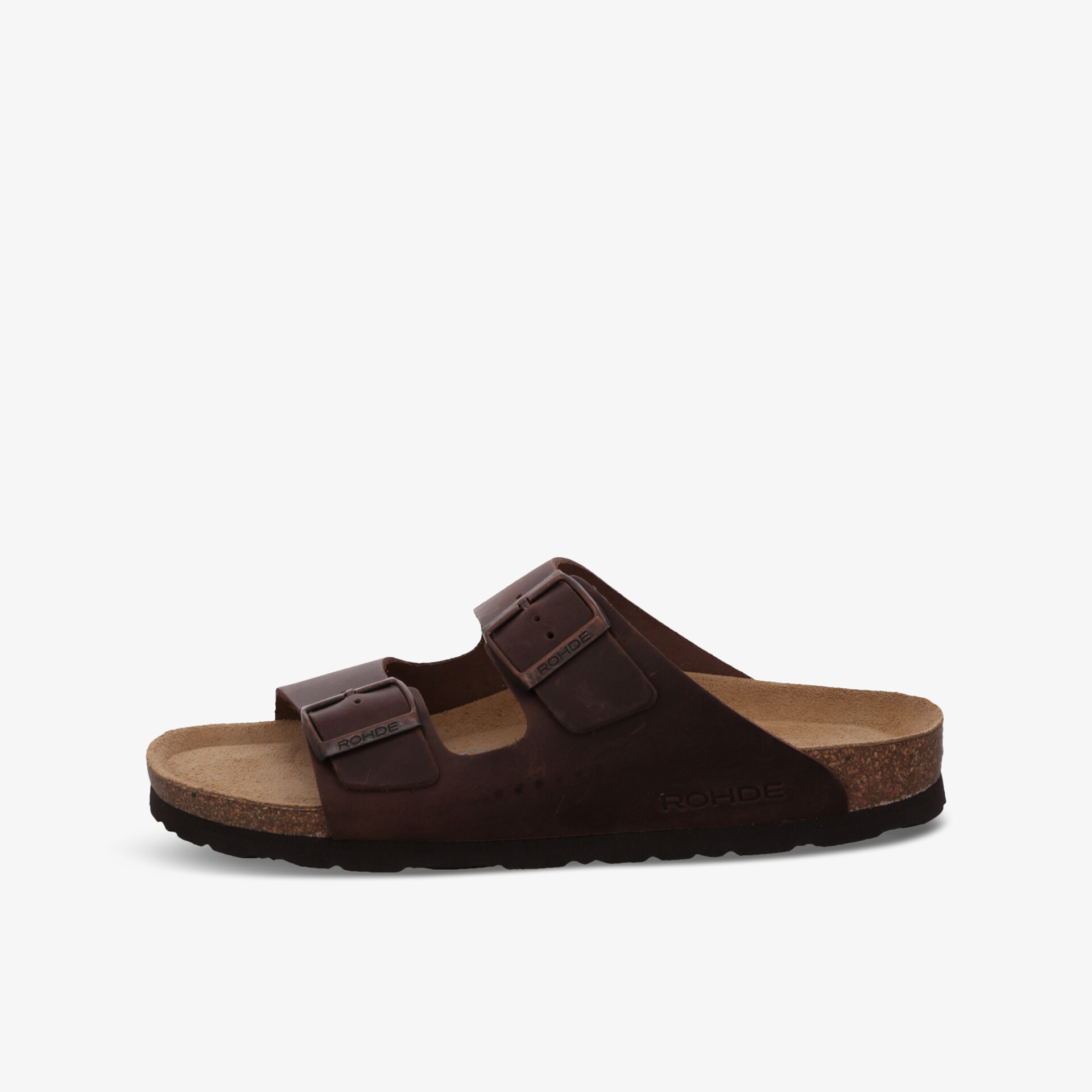 Braune Sandale mit verstellbaren Riemen und Korkfußbett. Perfekt für Komfort und Haltbarkeit.