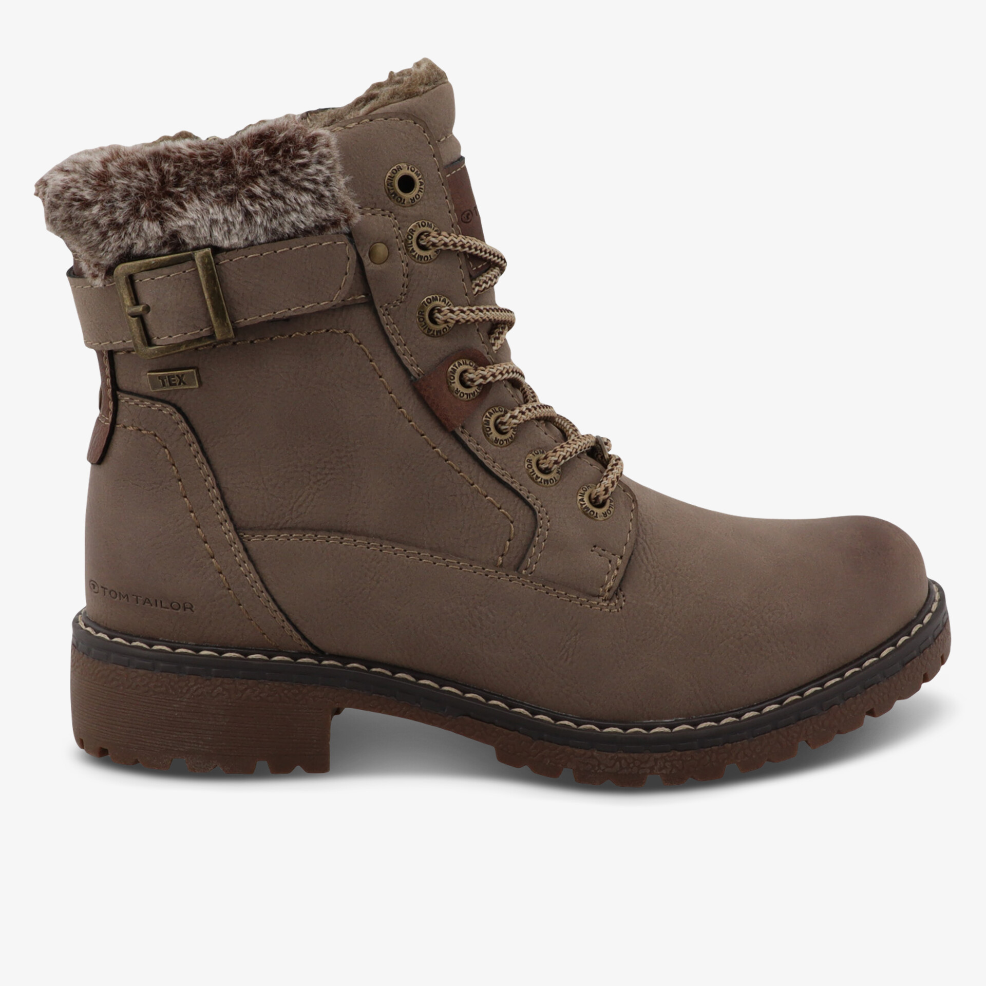 Robuster warmer Schnürstiefel mit Fellfutter und stabilem Absatz, seitliche Ansicht