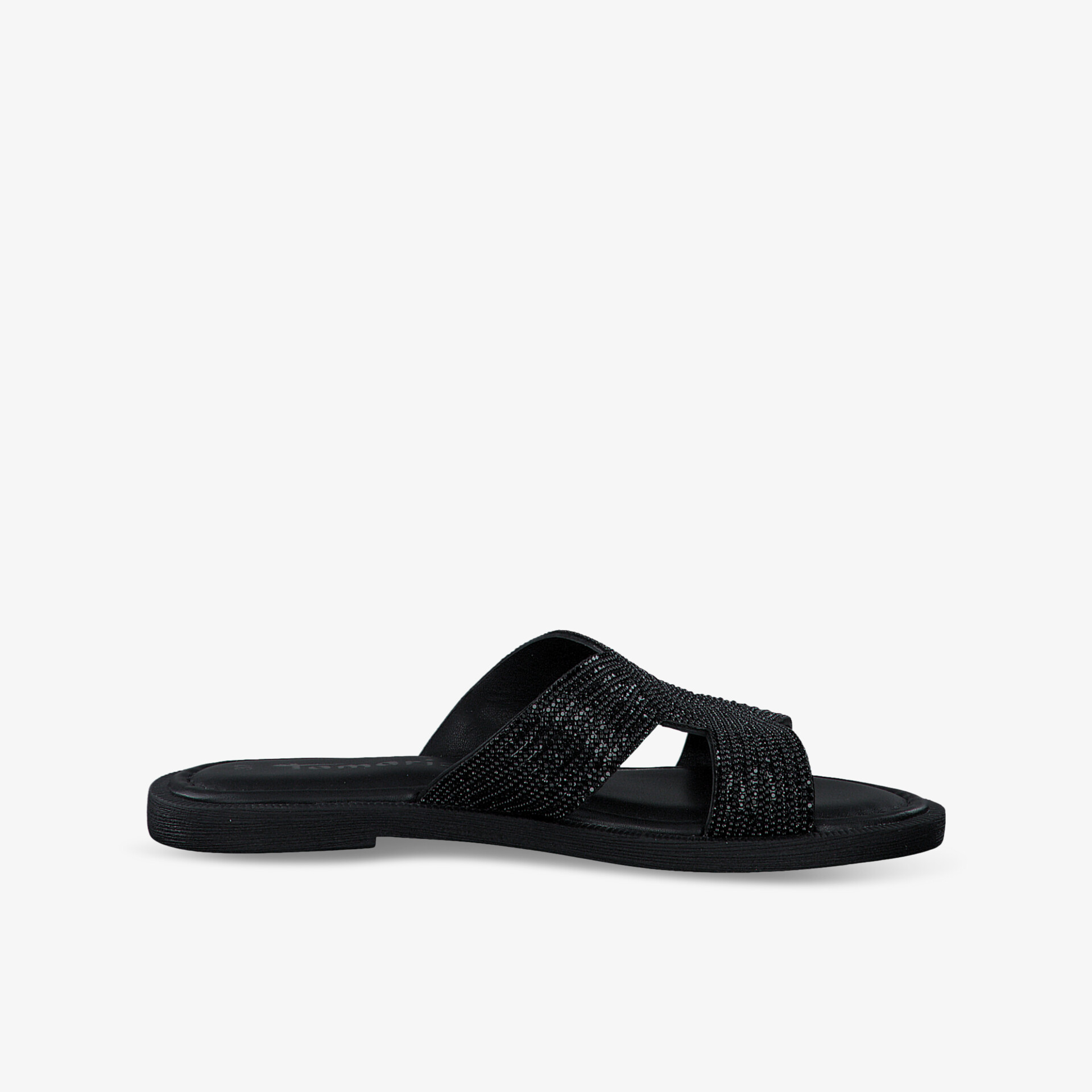 Schwarze offene Sandale mit flacher Sohle, leicht und atmungsaktiv für komfortable sommerliche Freizeitkleidung