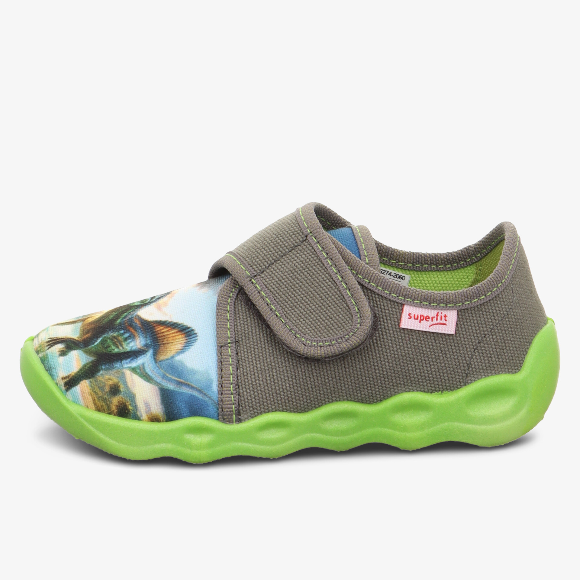 Kinderhausschuh mit verstellbarem Klettverschluss und bunter Tiermotiventwicklung auf leichter rutschfester Sohle