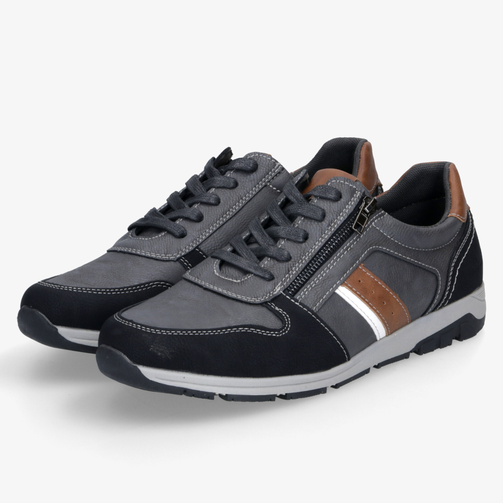 Sportliche graue und schwarze Sneaker mit seitlichem Reißverschluss und flexibler Laufsohle für hohen Tragekomfort