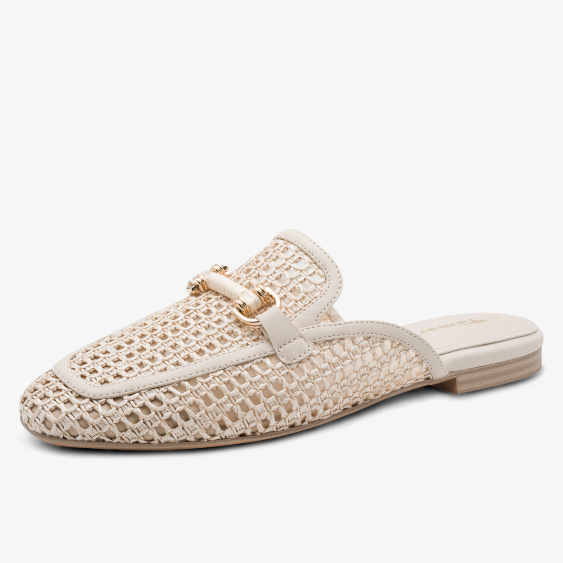 Elegante, geflochtene Slip-On-Schuhe mit stilvollem Design und goldener Schnalle.