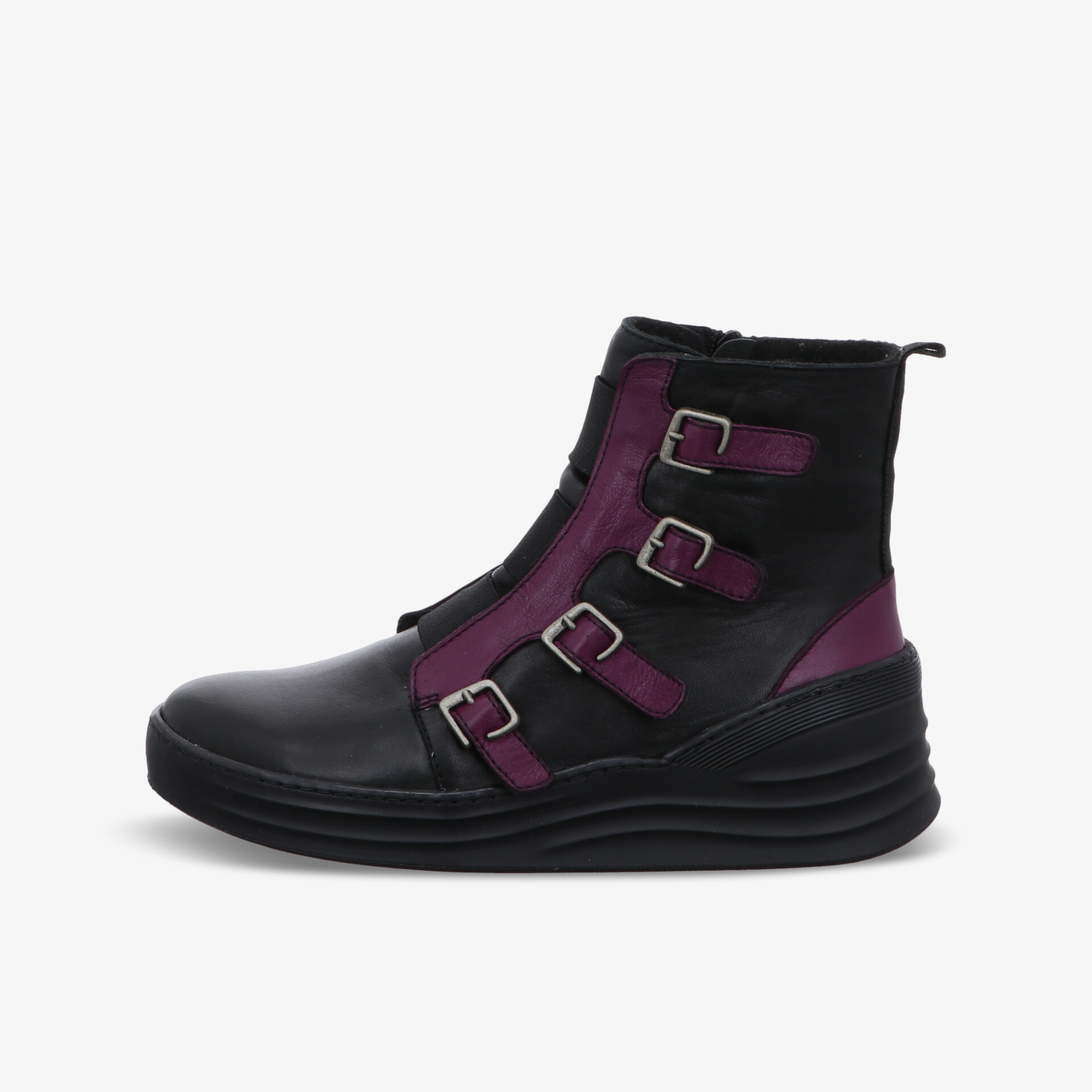 Schwarzer Schuh mit dunkellila Akzenten und drei verstellbaren Schnallen für sicheren Sitz