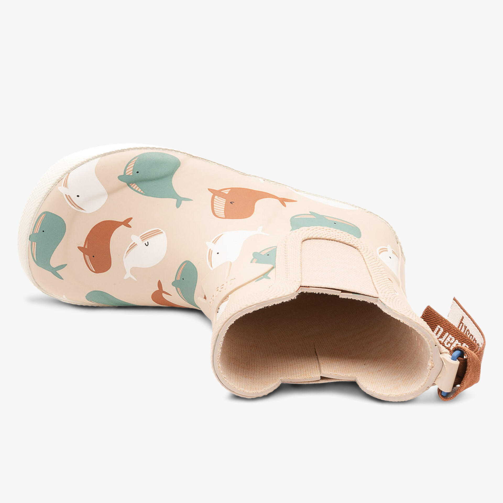 Beige Gummistiefel mit Tiermuster und rutschfester Sohle für Komfort.