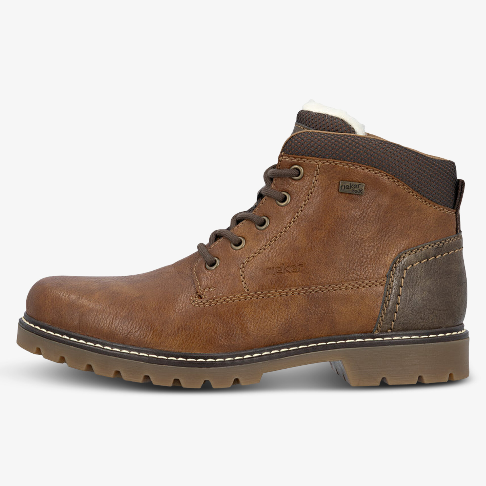 Robuster Halbschuh aus braunem Leder mit profilierter Sohle und komfortabler Polsterung, seitliche Ansicht