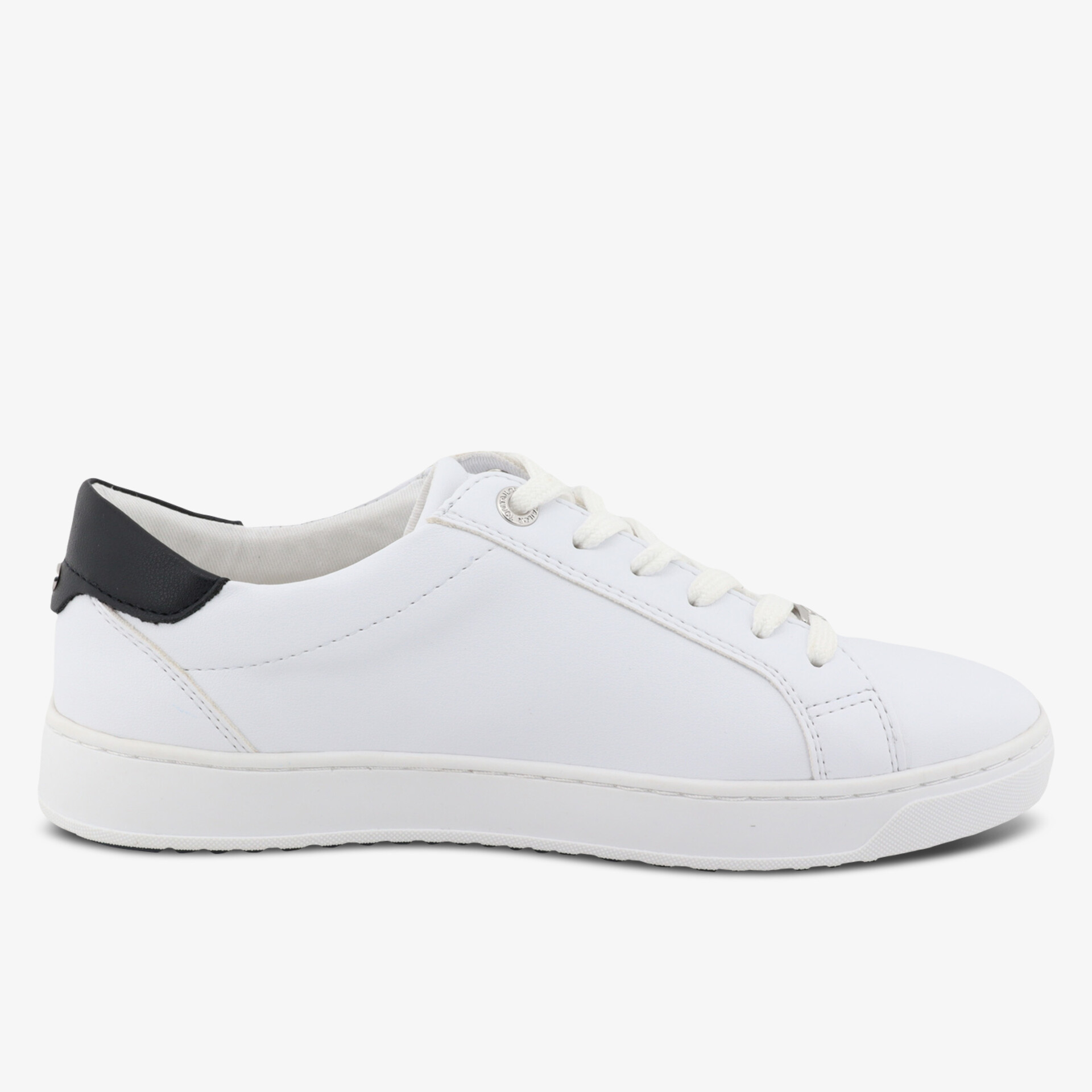 Weißer Sneaker in seitlicher Ansicht mit klarem, schlichtem Design und bequemer Passform