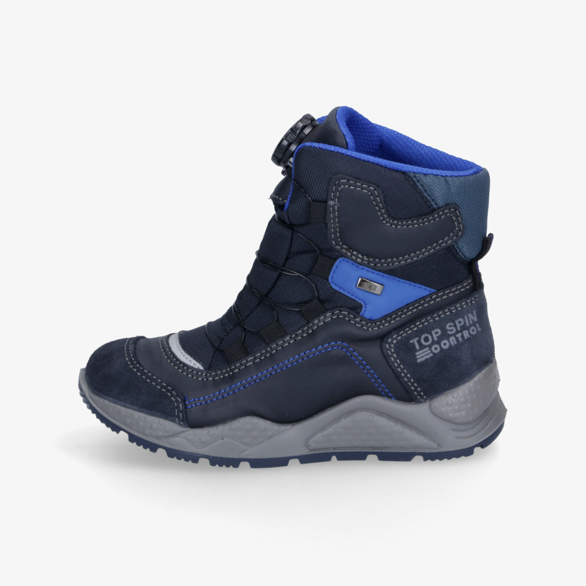 Robuster blauer Winterstiefel mit warmer Fütterung und rutschfester Sohle, seitliche Ansicht