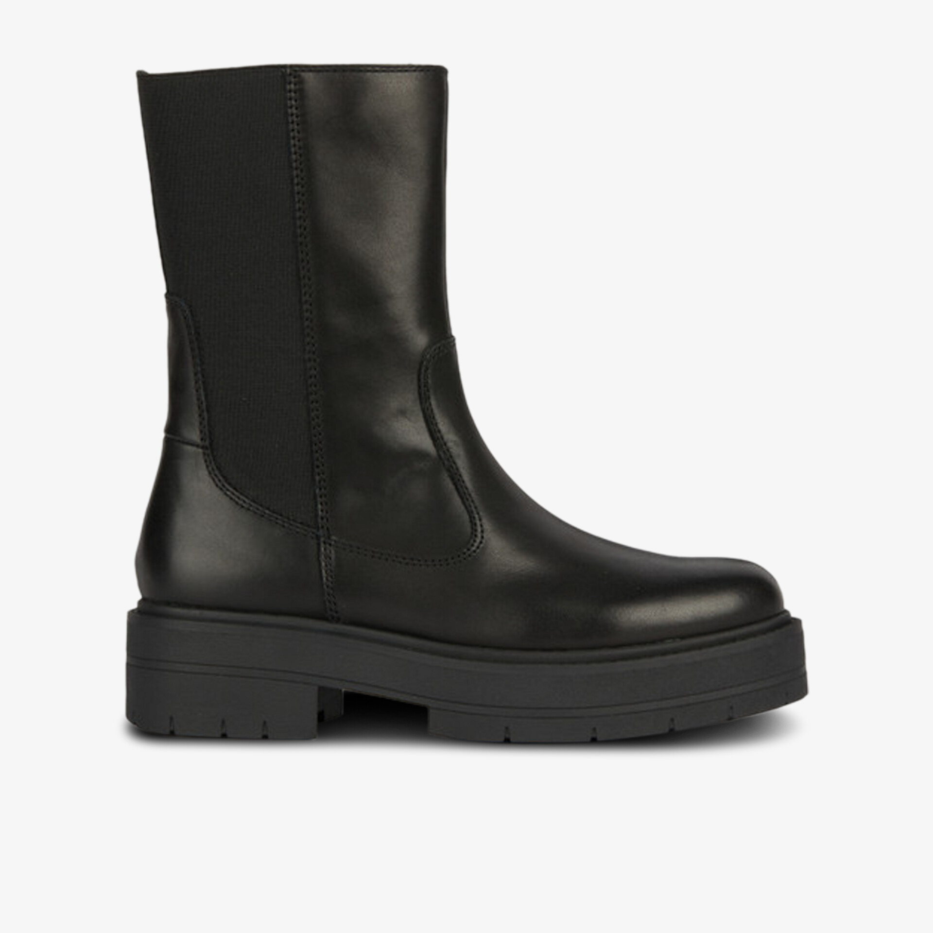 Elegante schwarze Lederstiefel mit chunky Sohle und seitlichem Reißverschluss für stilvollen Komfort.