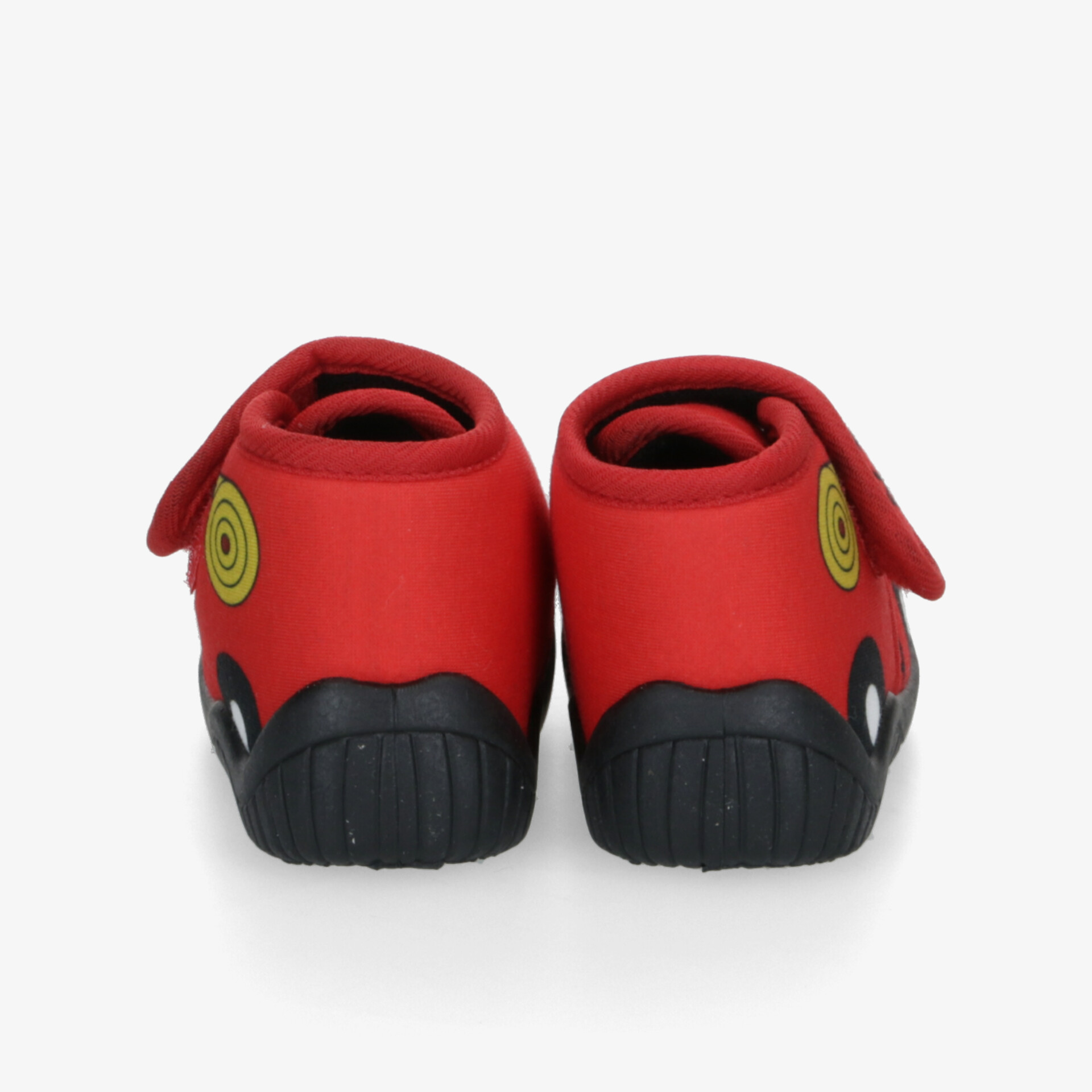 Robuste rote Schuhe mit Klettverschluss und rutschfester Sohle aus stabilen Materialien, Rückansicht