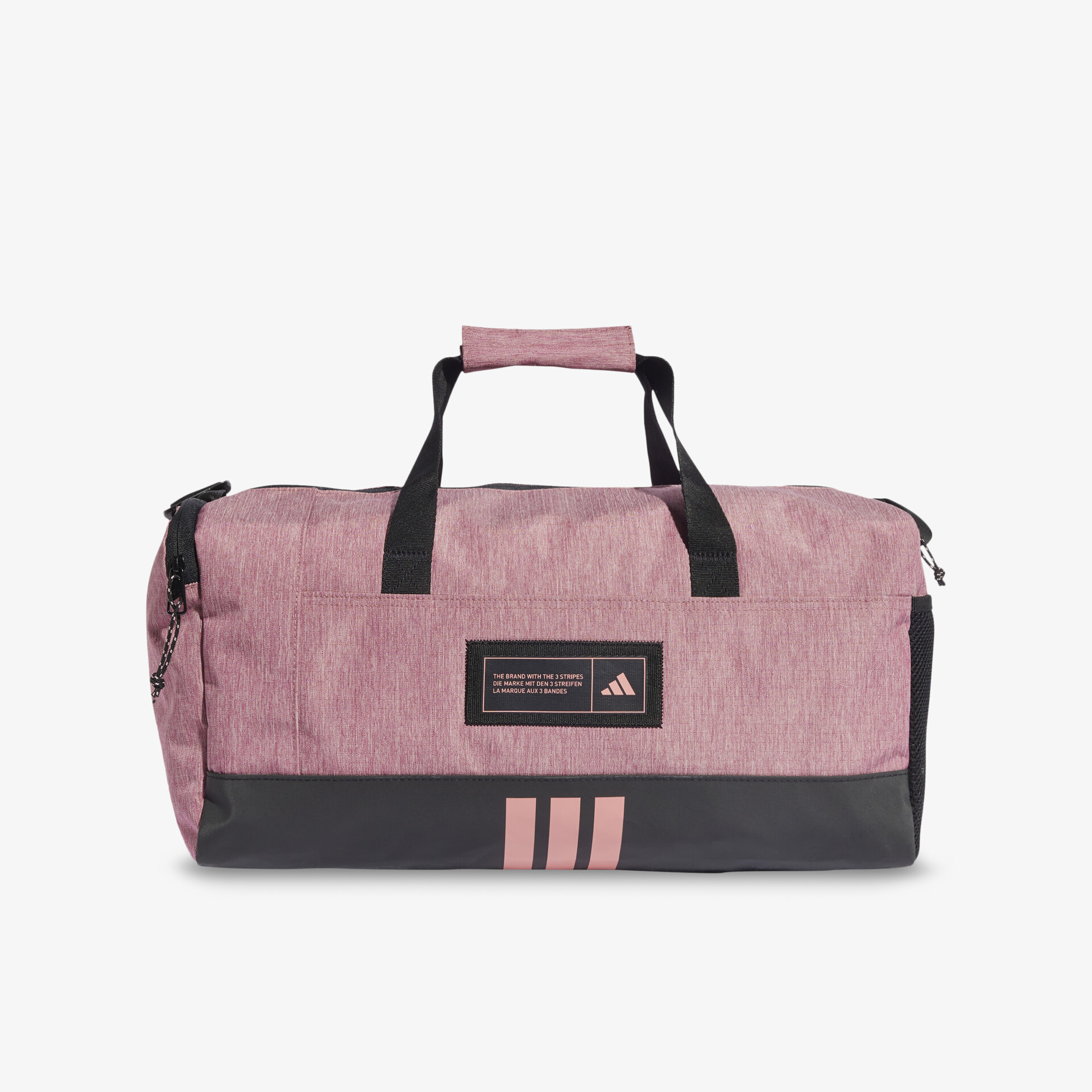 Sportliche rosafarbene Reisetasche mit schwarzem Boden, gepolstertem Griff und praktischem Stauraum, Frontansicht.