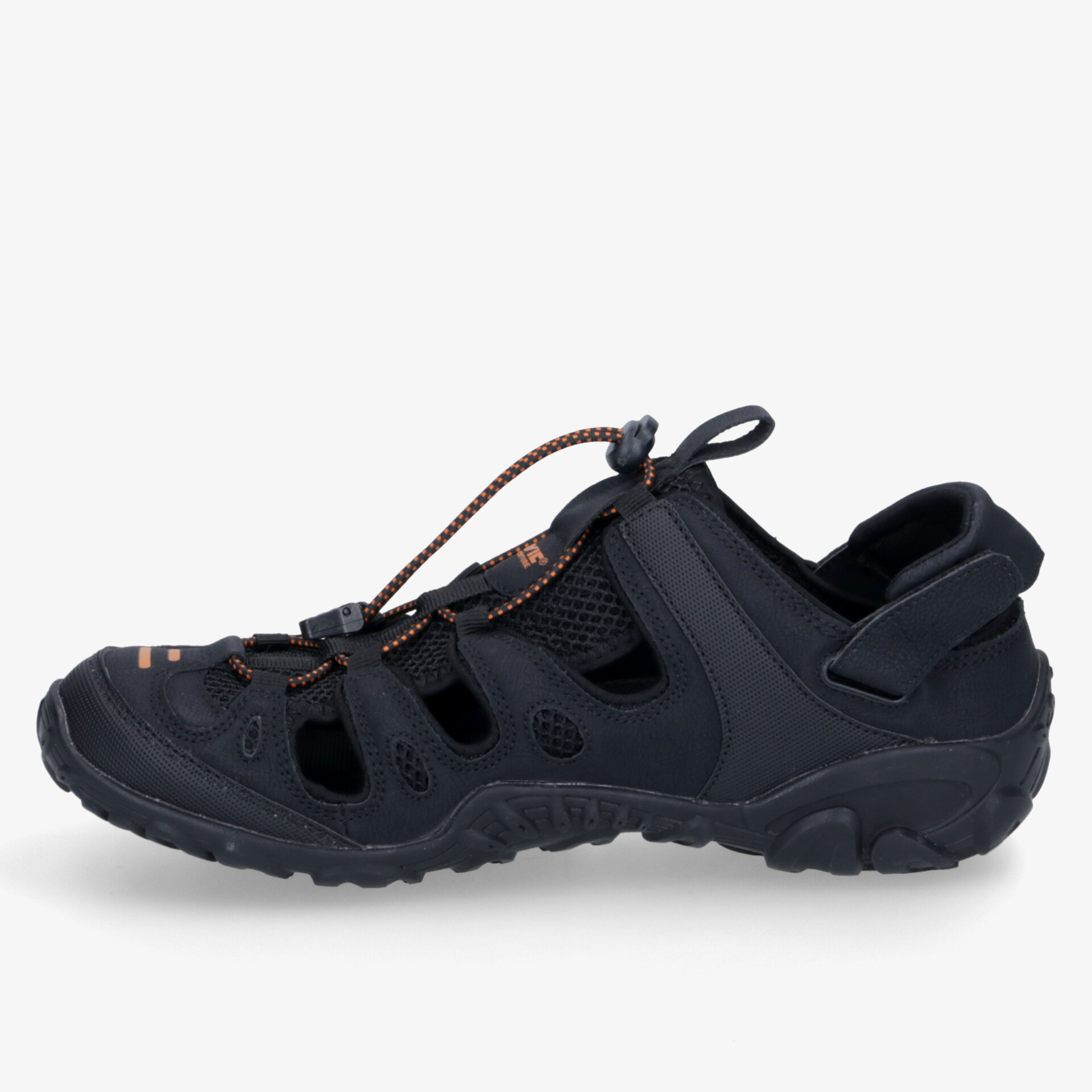 Robuste Outdoor-Sandale in Schwarz mit verstellbaren Riemen für Komfort und Grip auf unwegsamem Gelände.