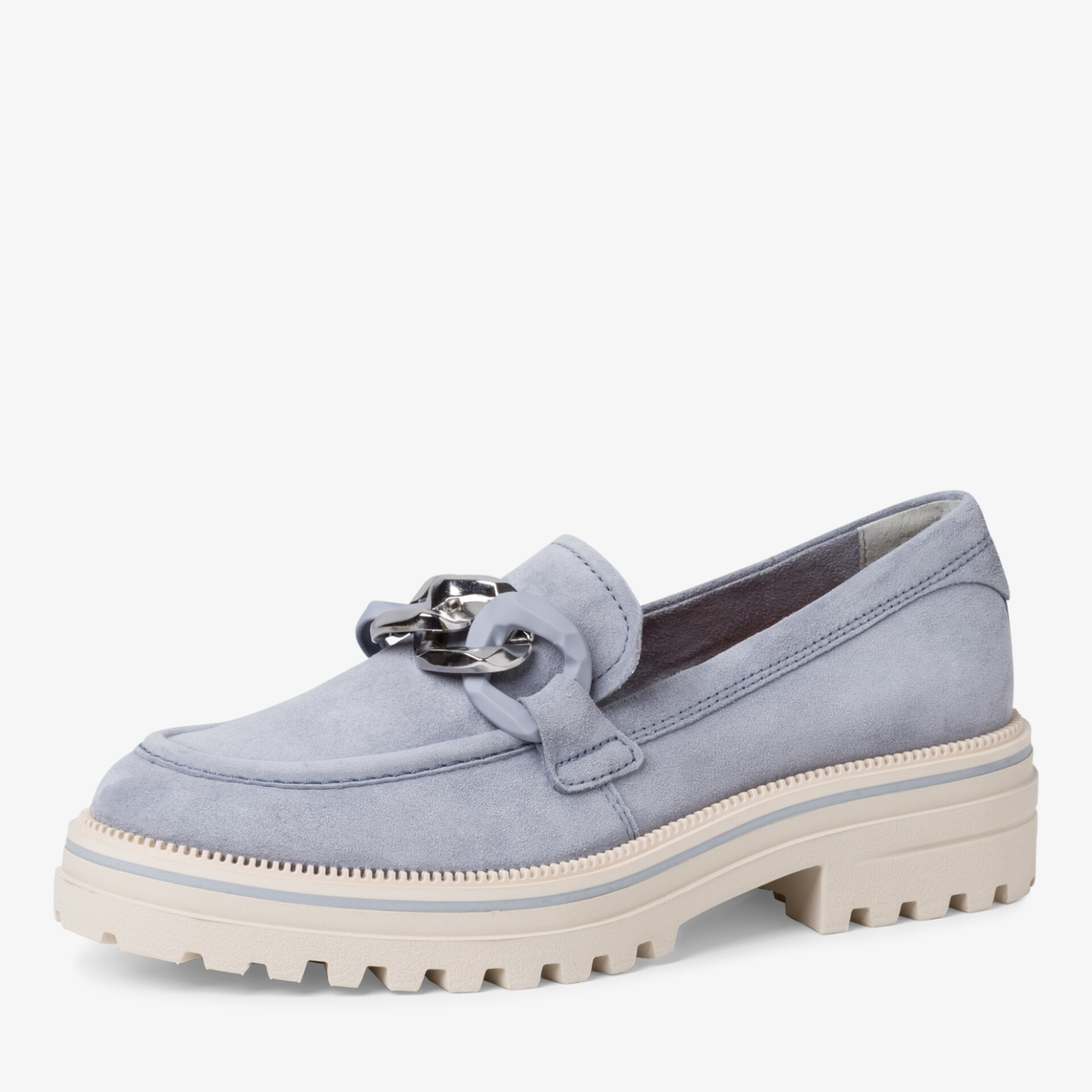 Elegante hellblaue Loafer aus Glattleder mit robuster Sohle und stilvollem Design für hervorragenden Tragekomfort.