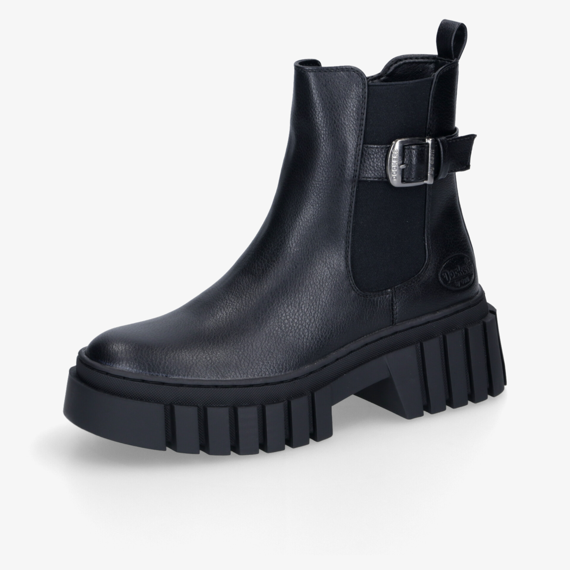 moderner schwarzer Chelsea-Stiefel mit dicker profilierter Sohle und verstellbarem Riemen vorne seitlich