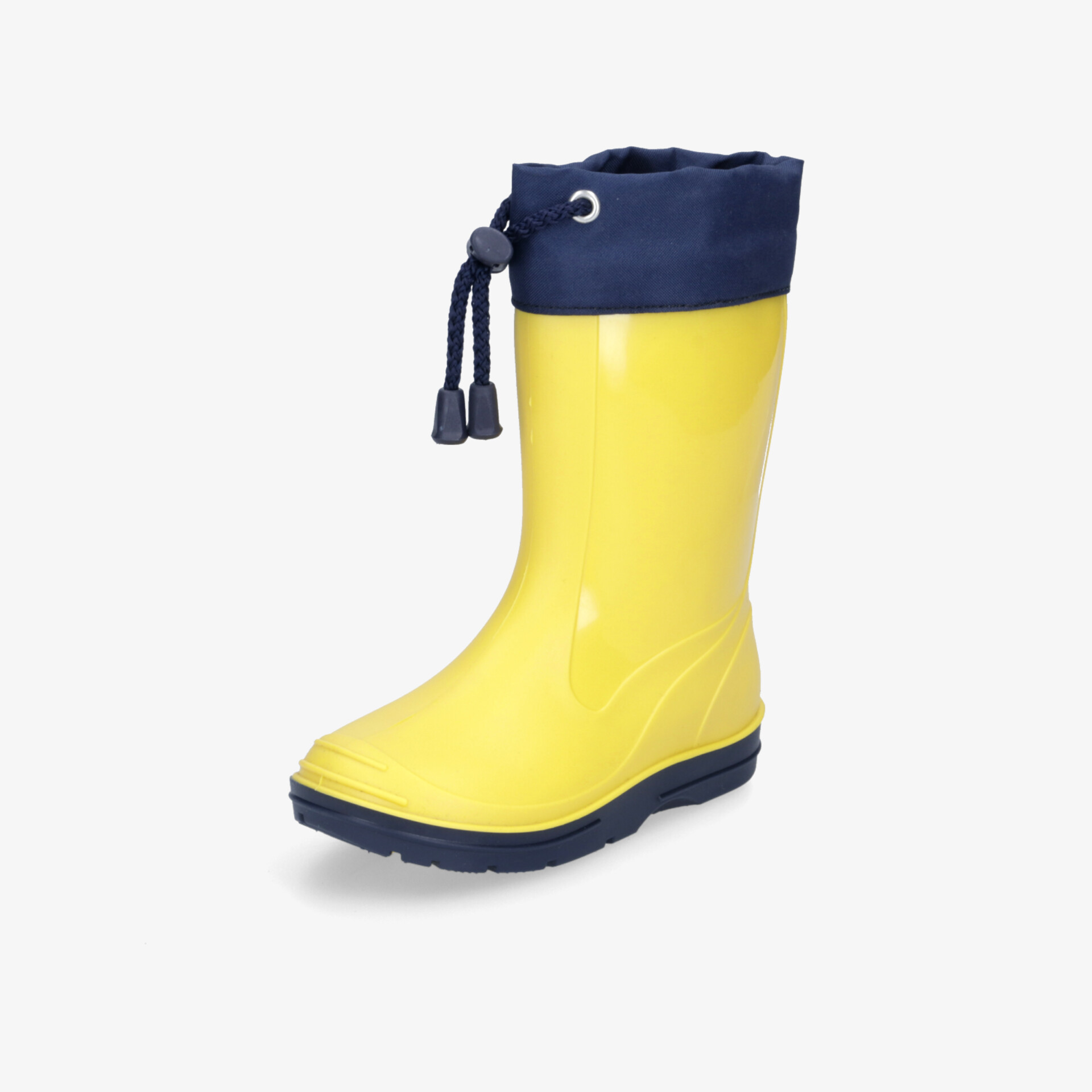 Leuchtend gelber Gummistiefel mit blauem verstellbarem Schaft und rutschfester Sohle für optimalen Komfort