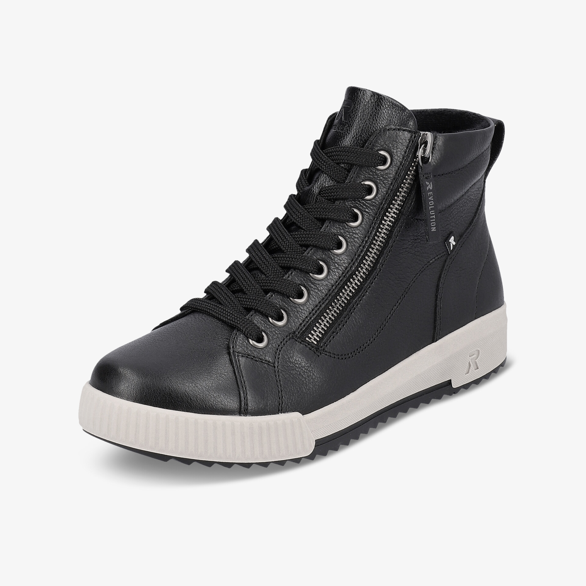 Schwarzer Sneaker mit Reißverschluss und Schnürung, weiße profilierte Sohle, komfortabel und modisch