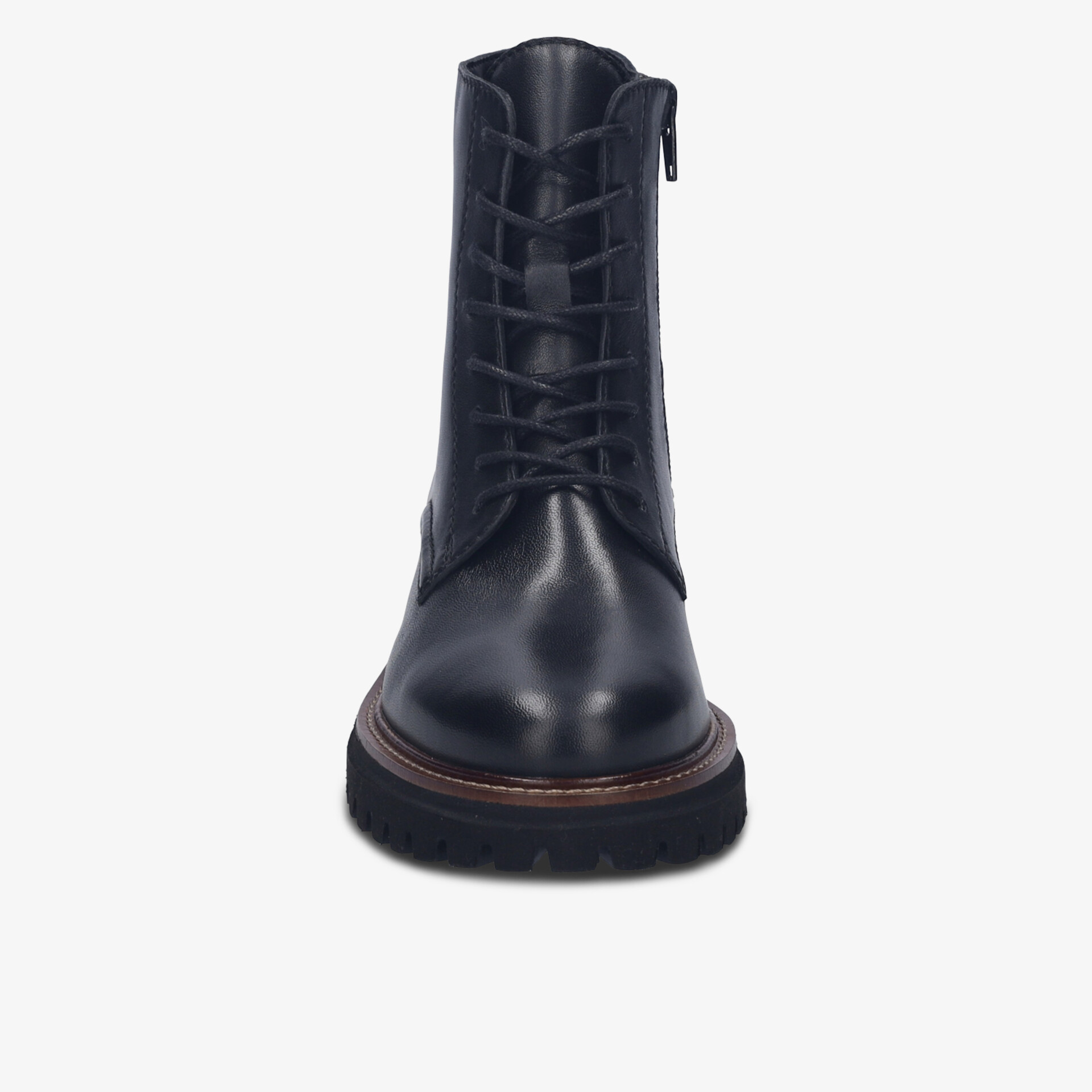 Robuster Stiefel mit glattem Leder, stabiler Schnürung und rutschfester Sohle, elegante Frontansicht