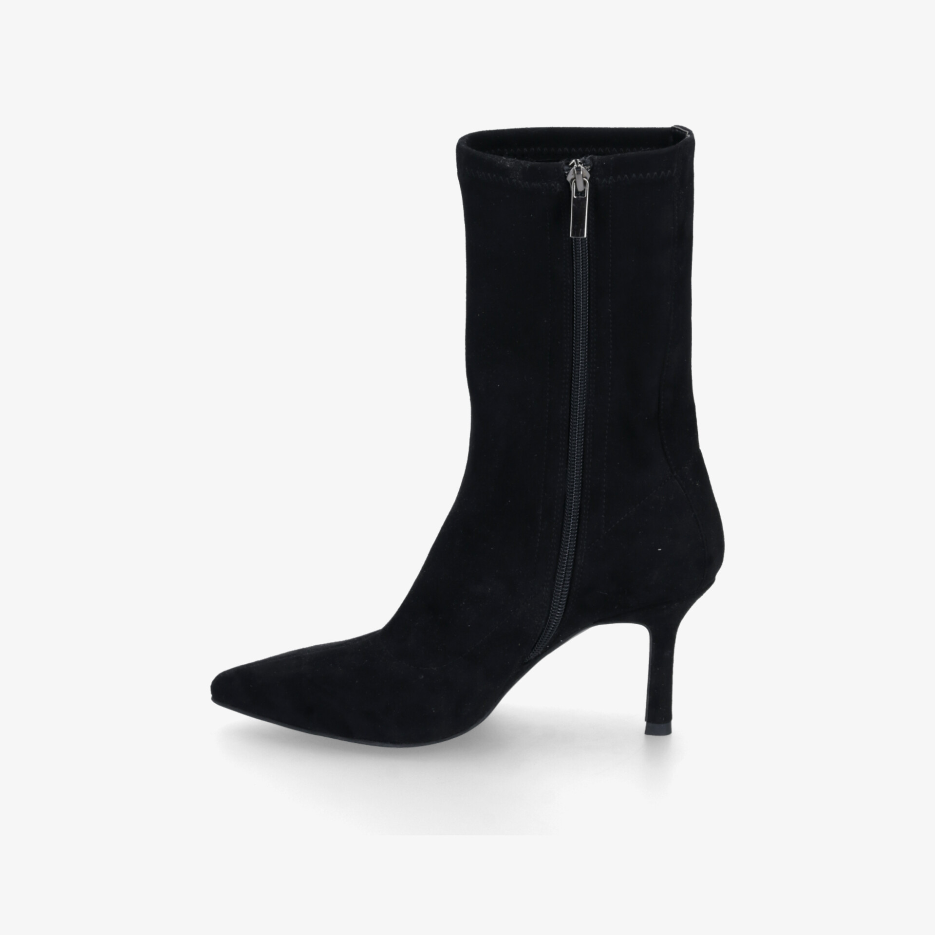 Schwarze Stiefelette mit elegantem Absatz und seitlichem Reißverschluss in klarer Seitenansicht gezeigt
