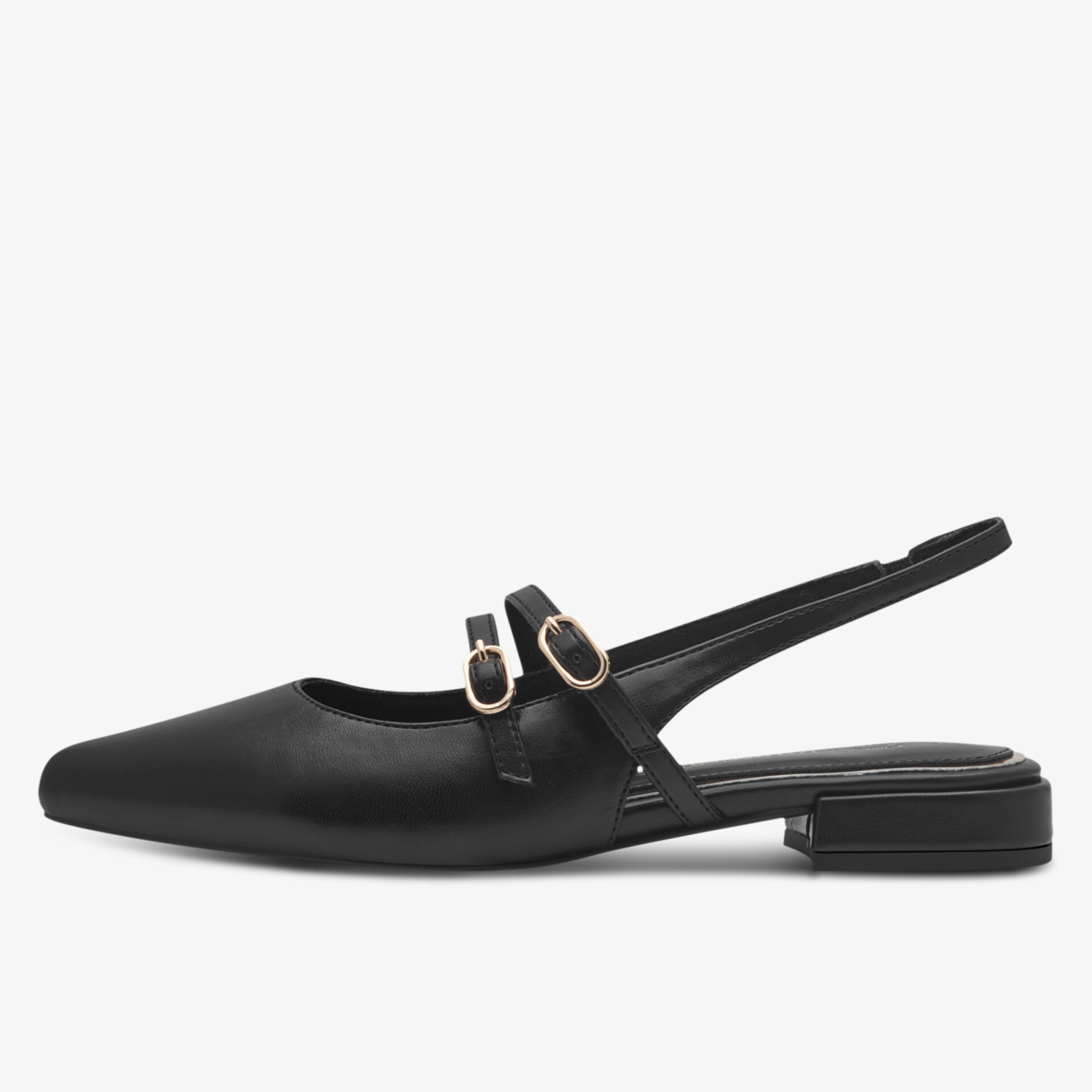 Eleganter schwarzer Schuh mit spitz zulaufender Zehenpartie und verstellbarem Doppelriemen für hohe Bequemlichkeit