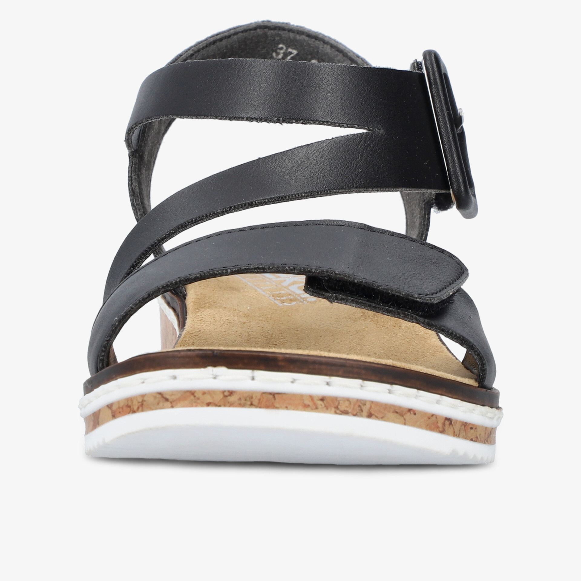 Frontansicht schwarze Sandalen mit gepolstertem Fußbett und verstellbaren Klettverschlüssen