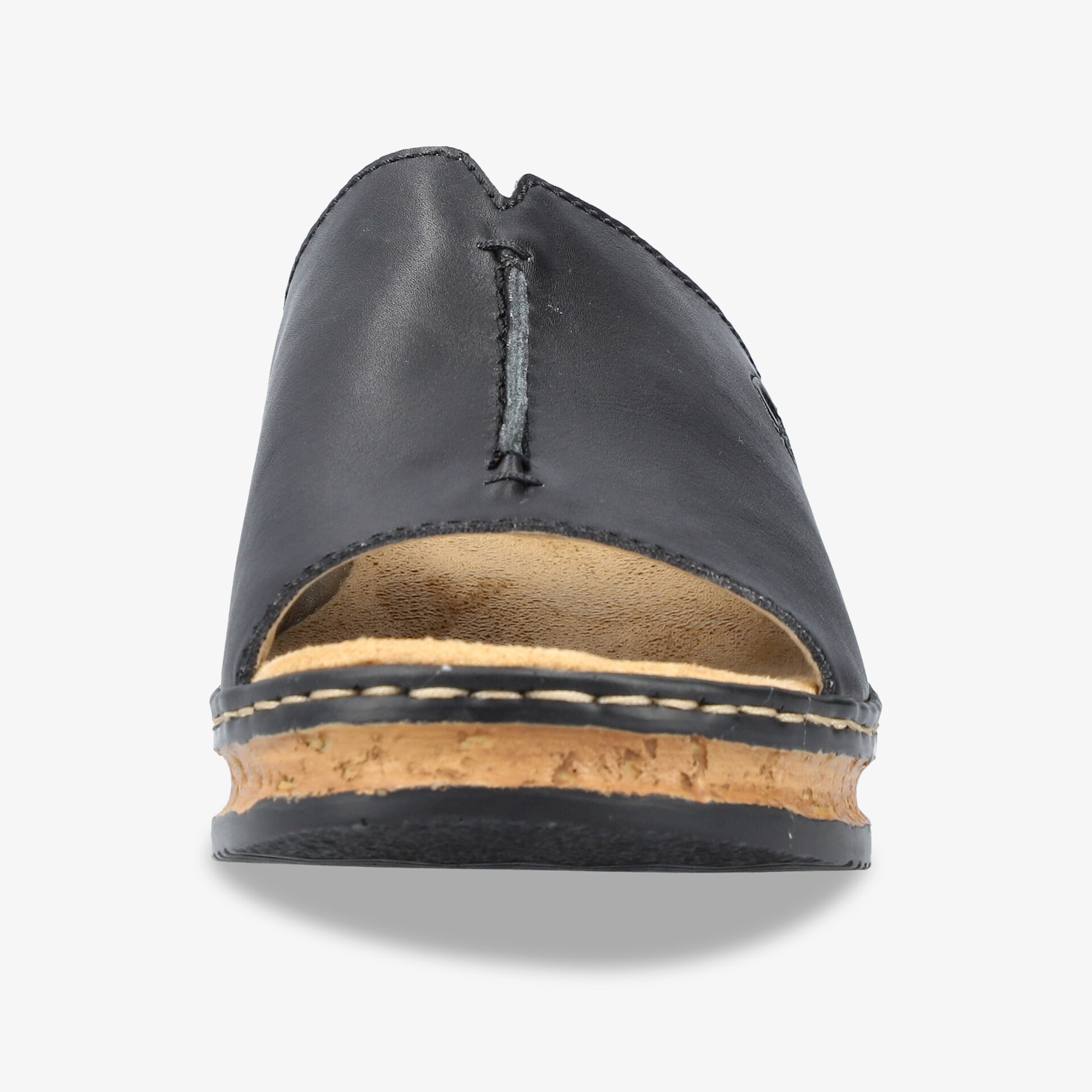 Offener schwarzer Lederschuh mit robuster Sohle und bequemer Passform, ideal für angenehmes Tragegefühl