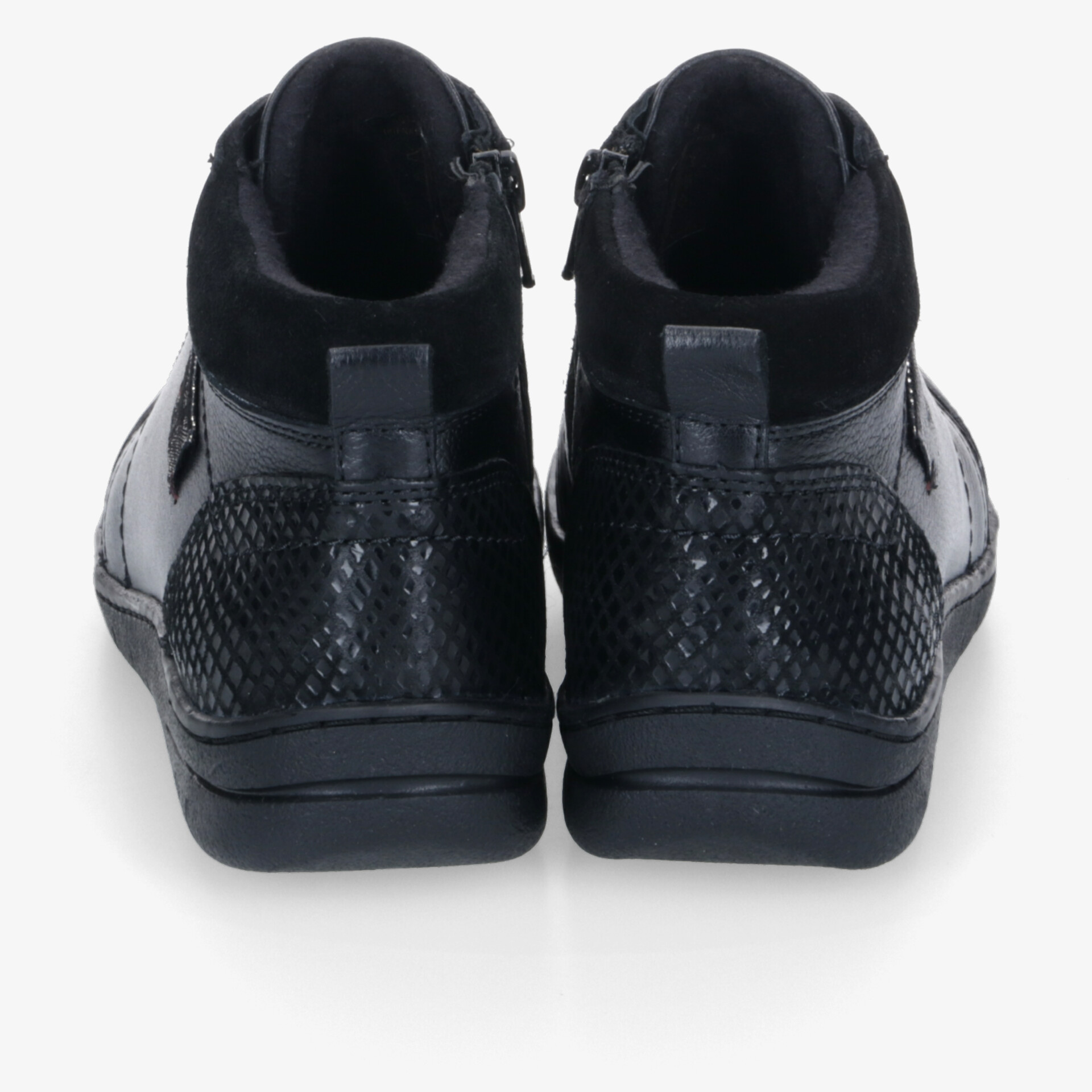 Schwarze Sneaker mit strukturiertem Material und Reißverschluss von hinten, gepolsterter Knöchelbereich für Komfort