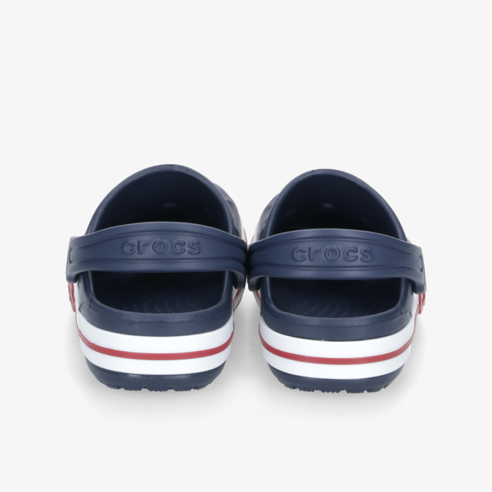 Bequeme navyblaue Clogs mit weiß-roten Streifen, rutschfeste Laufsohle und strapazierfähigem Material