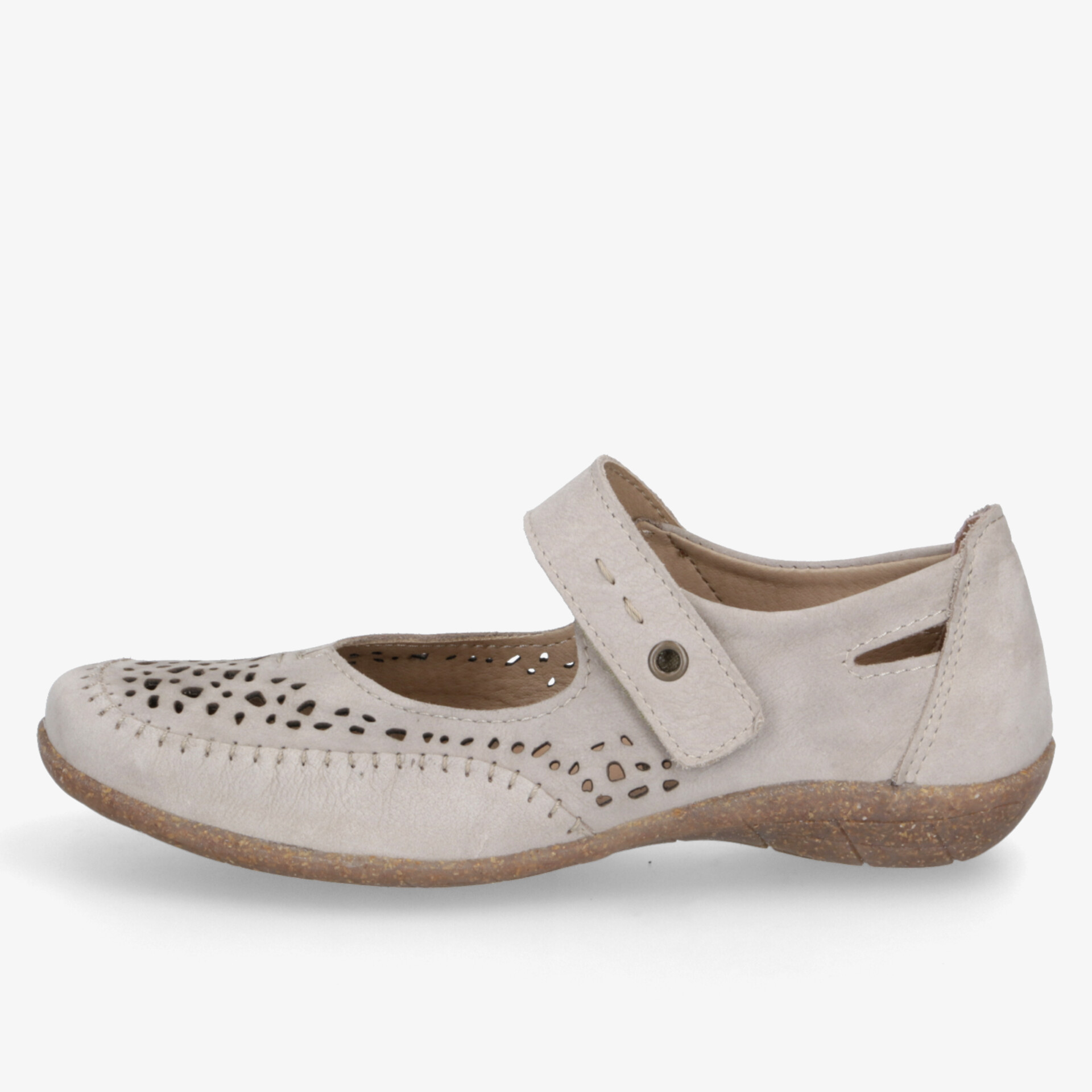 Beiger Ballerina Schuh aus weichem Leder mit verstellbarem Riemen und rutschfester Sohle, seitliche Sicht