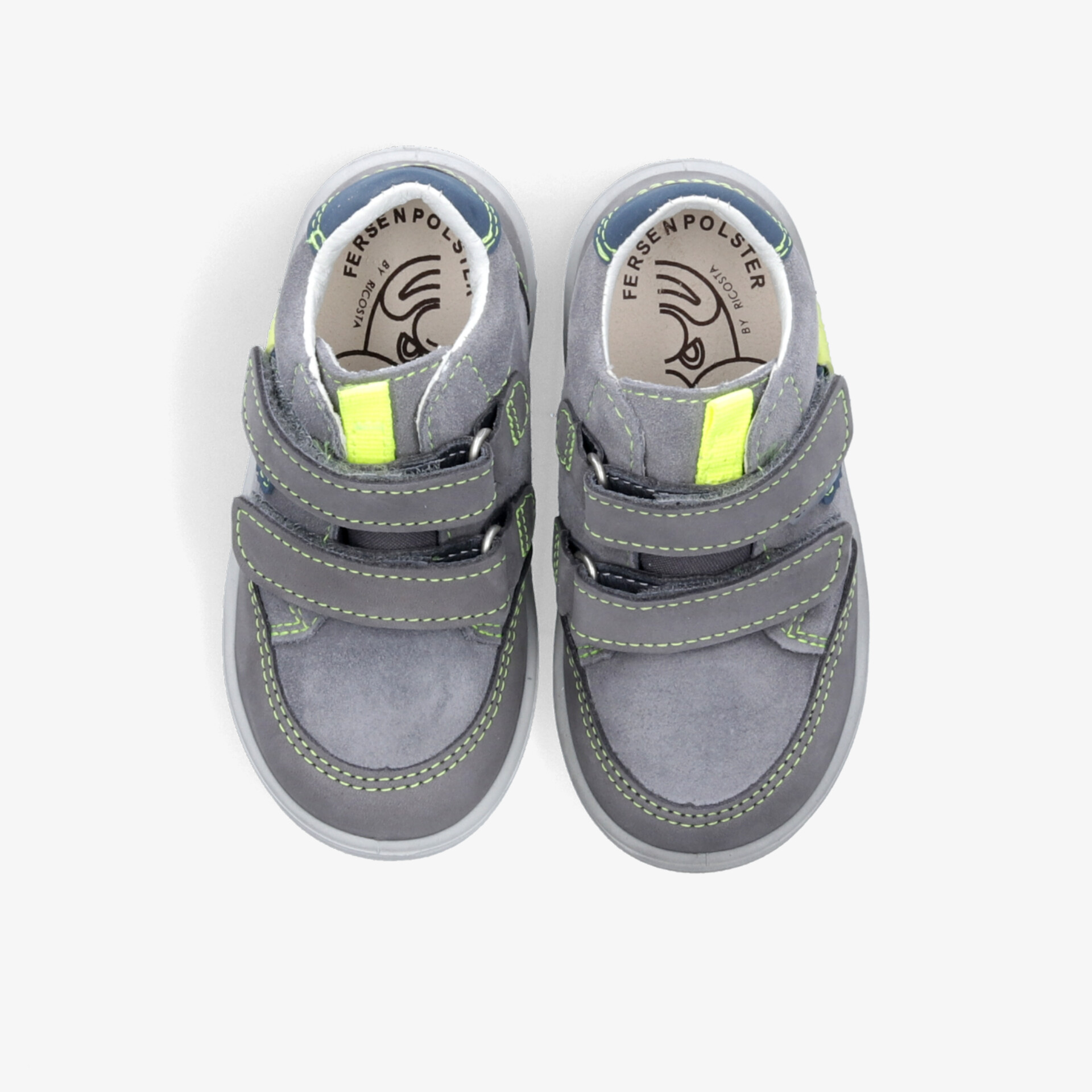 Robuste graue Kinderschuhe mit neongelben Details, rutschfeste Sohlen und verstellbare Klettverschlüsse für optimalen Halt