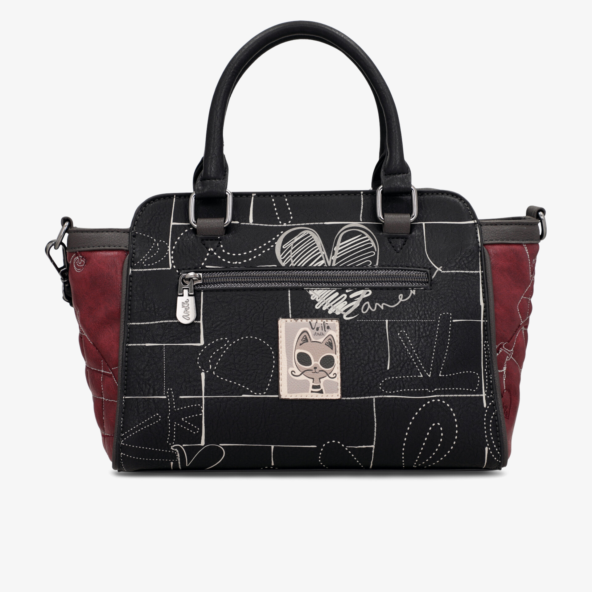 Elegante schwarze Handtasche mit roten Seitenteilen, Reißverschluss und modischem Design, praktische mittlere Größe