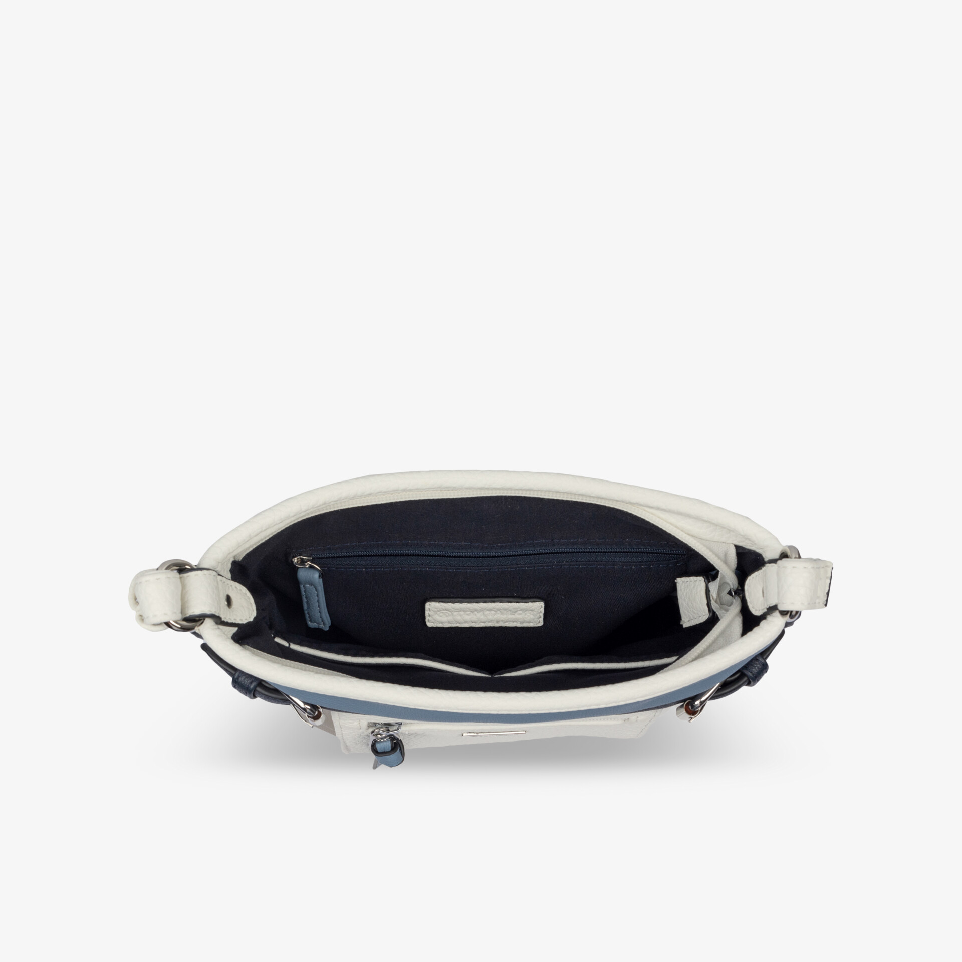 Innenansicht einer Handtasche mit offenem Reißverschluss, zeigt geordnetes Innenfach und modernes Design