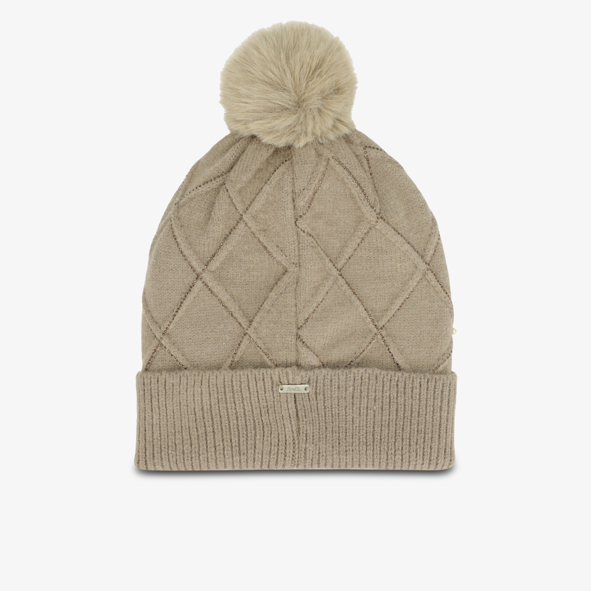 Beige Strickmütze mit Rippbund und großem Bommel, warm und komfortabel für kalte Tage