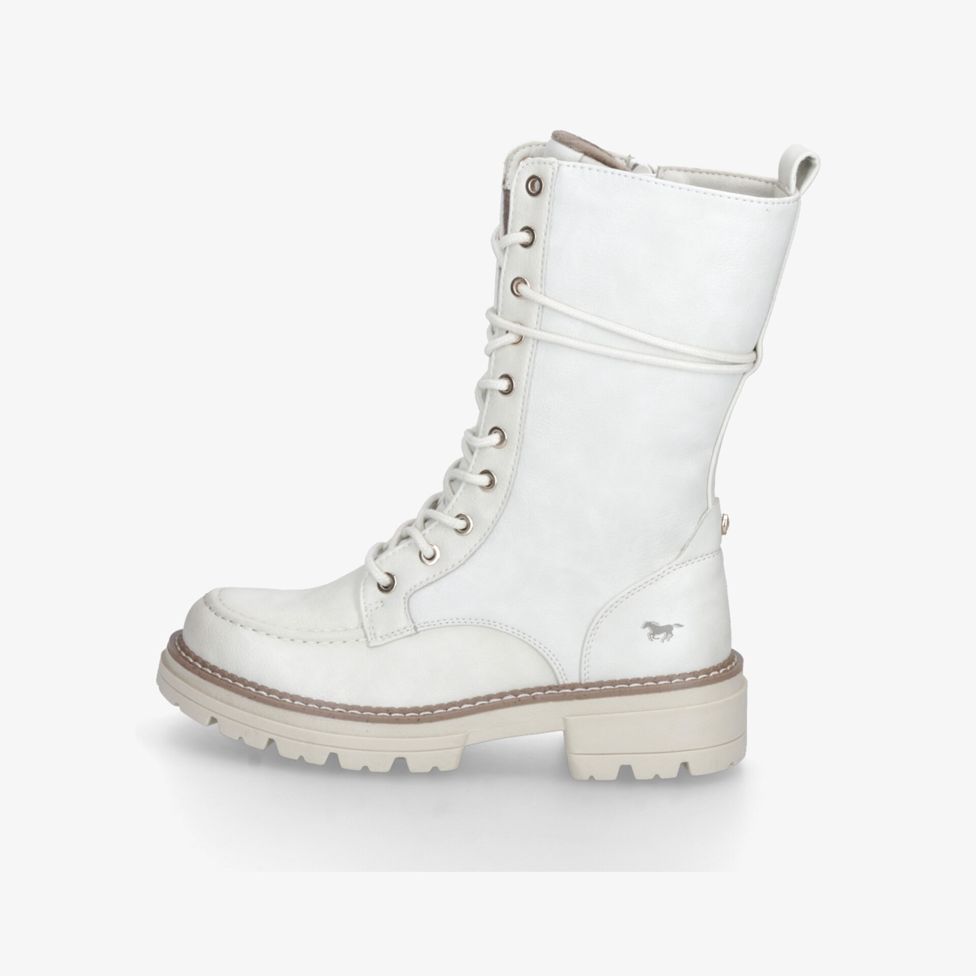 Weißer robuster Stiefel mit Schnürverschluss, profilierter Sohle und hochwertiger Verarbeitung in klarer Seitenansicht