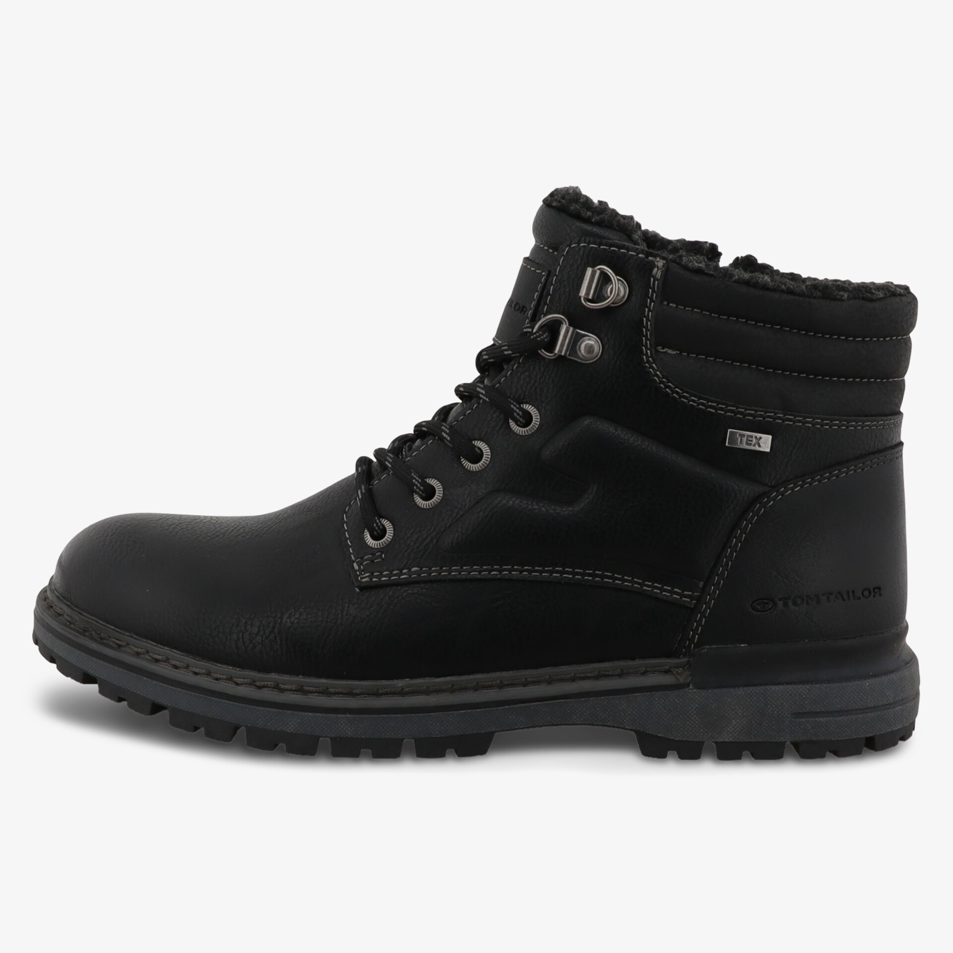 Robuster schwarzer Winterstiefel mit warmem Innenfutter, wetterfest und rutschfester Profilsohle